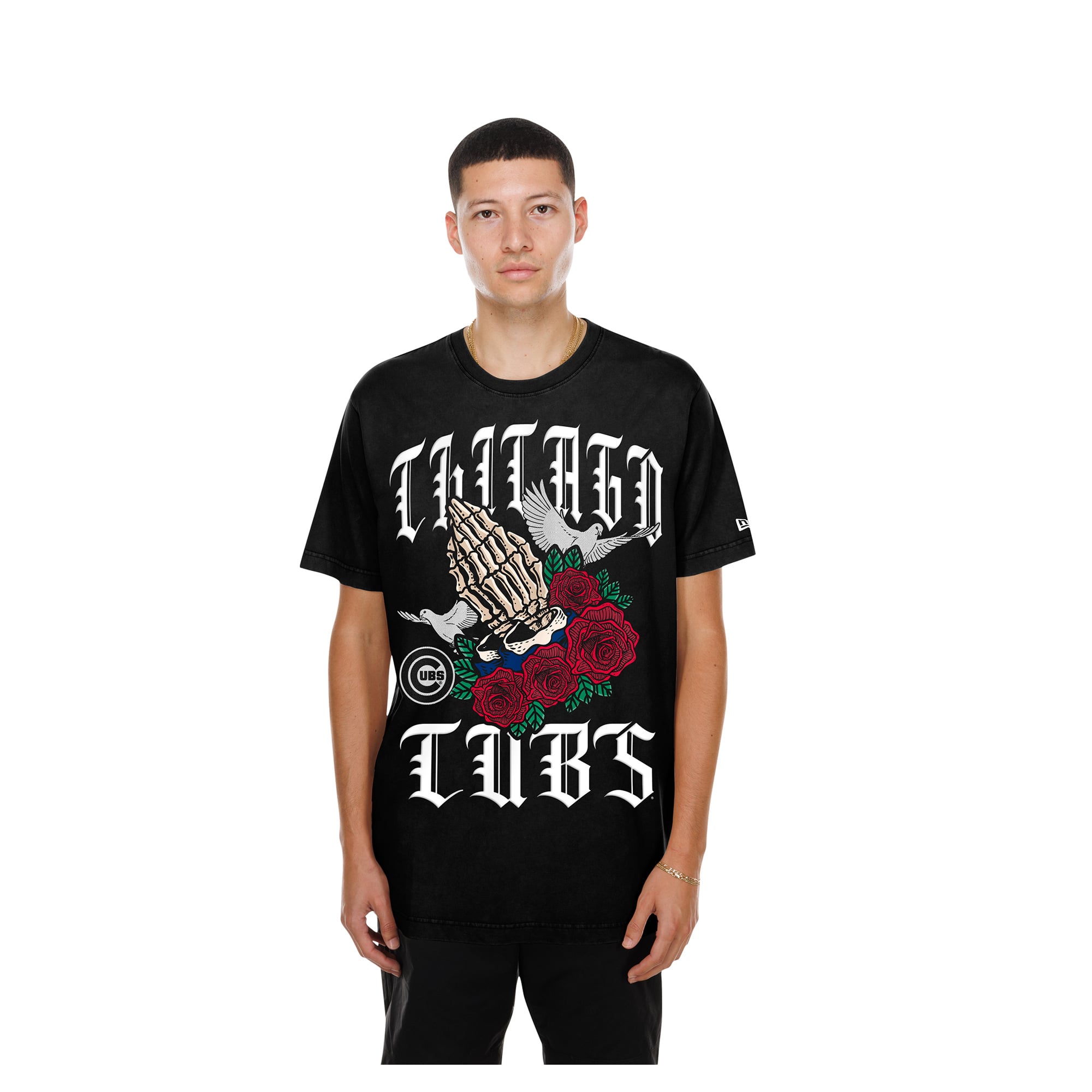 T-shirt New Era noir pour homme, style Chicago Cubs, design « Blessed ».