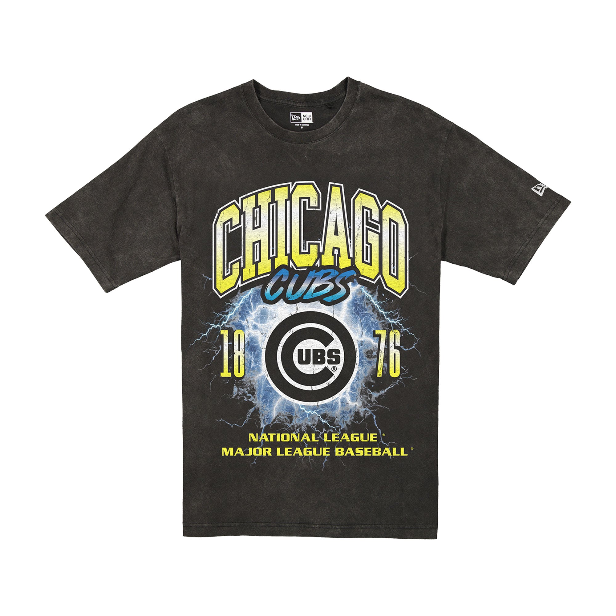 T-shirt New Era noir pour homme Chicago Cubs Lightning, coupe ronde, délavage minéral