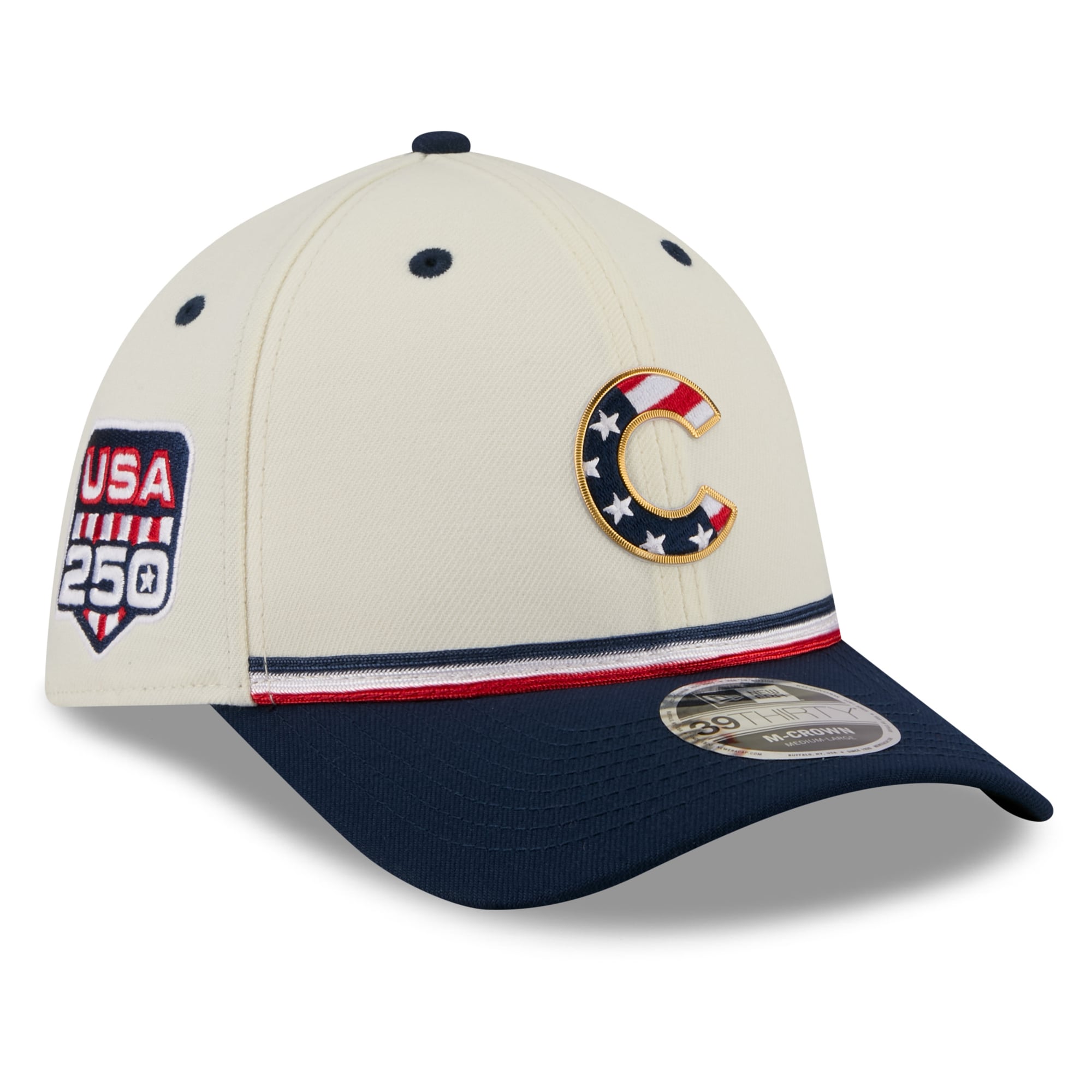 Men's New Era Cream/Navy Chicago Cubs USA 250 Fourth of July 39THIRTY M-Crown Flex Hat