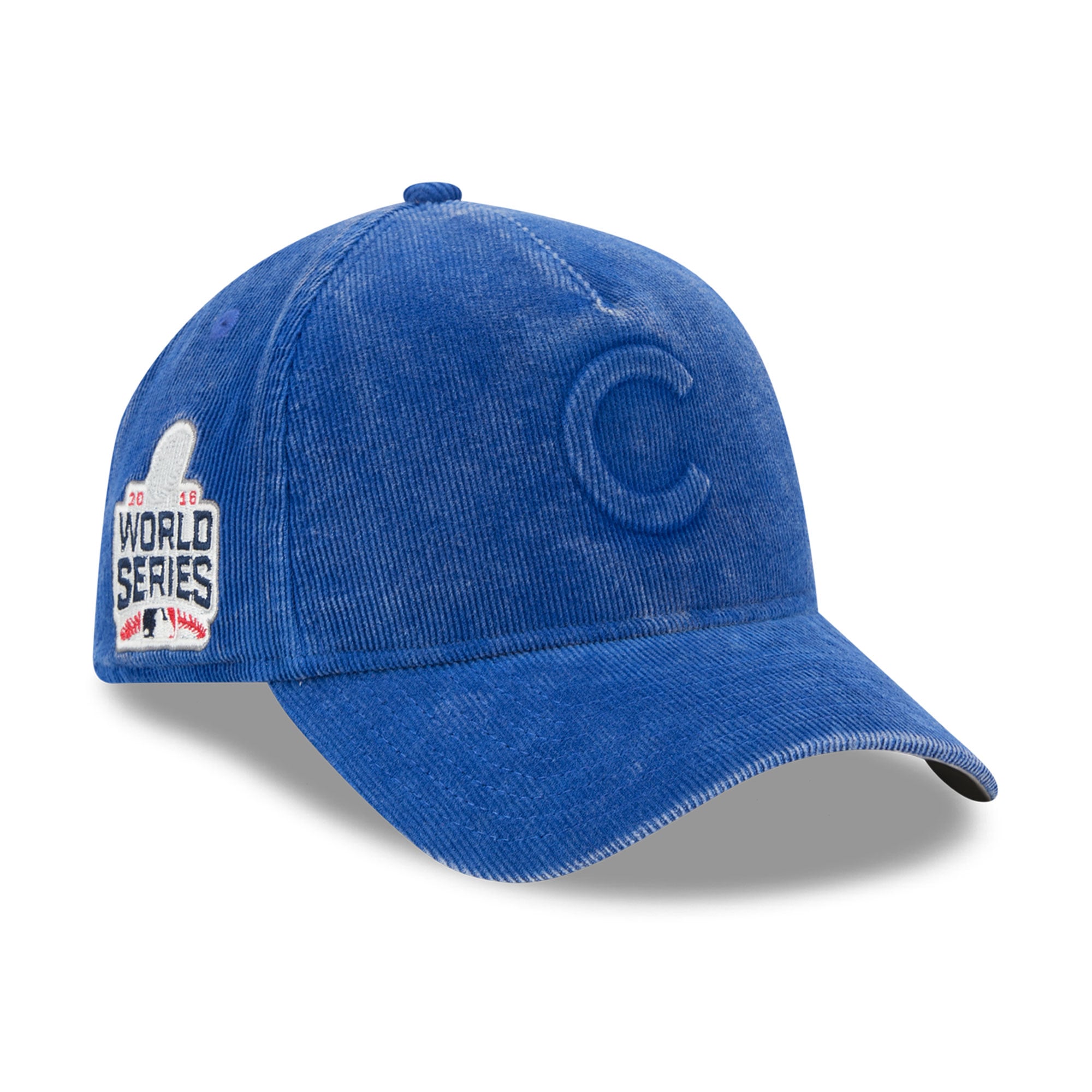 Casquette New Era Royal Chicago Cubs 2016 World Series pour homme, en velours côtelé ton sur ton, modèle 9FORTY à monture A ajustable, avec patch latéral et logo sur les côtés.