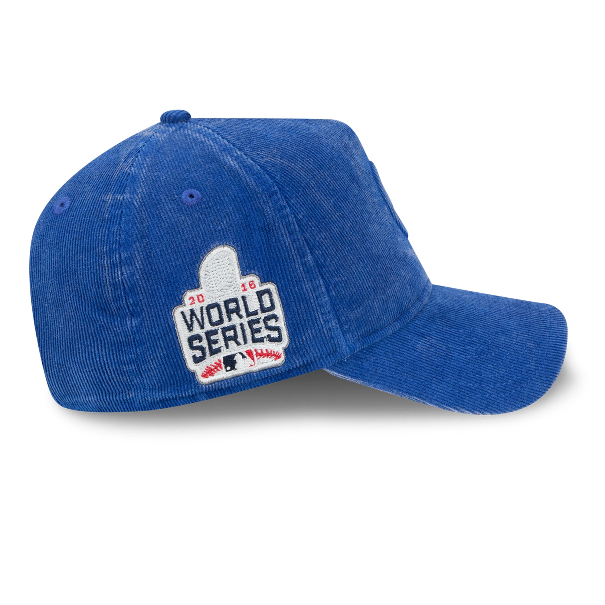 Casquette New Era Royal Chicago Cubs 2016 World Series pour homme, en velours côtelé ton sur ton, modèle 9FORTY à monture A ajustable, avec patch latéral et logo sur les côtés.