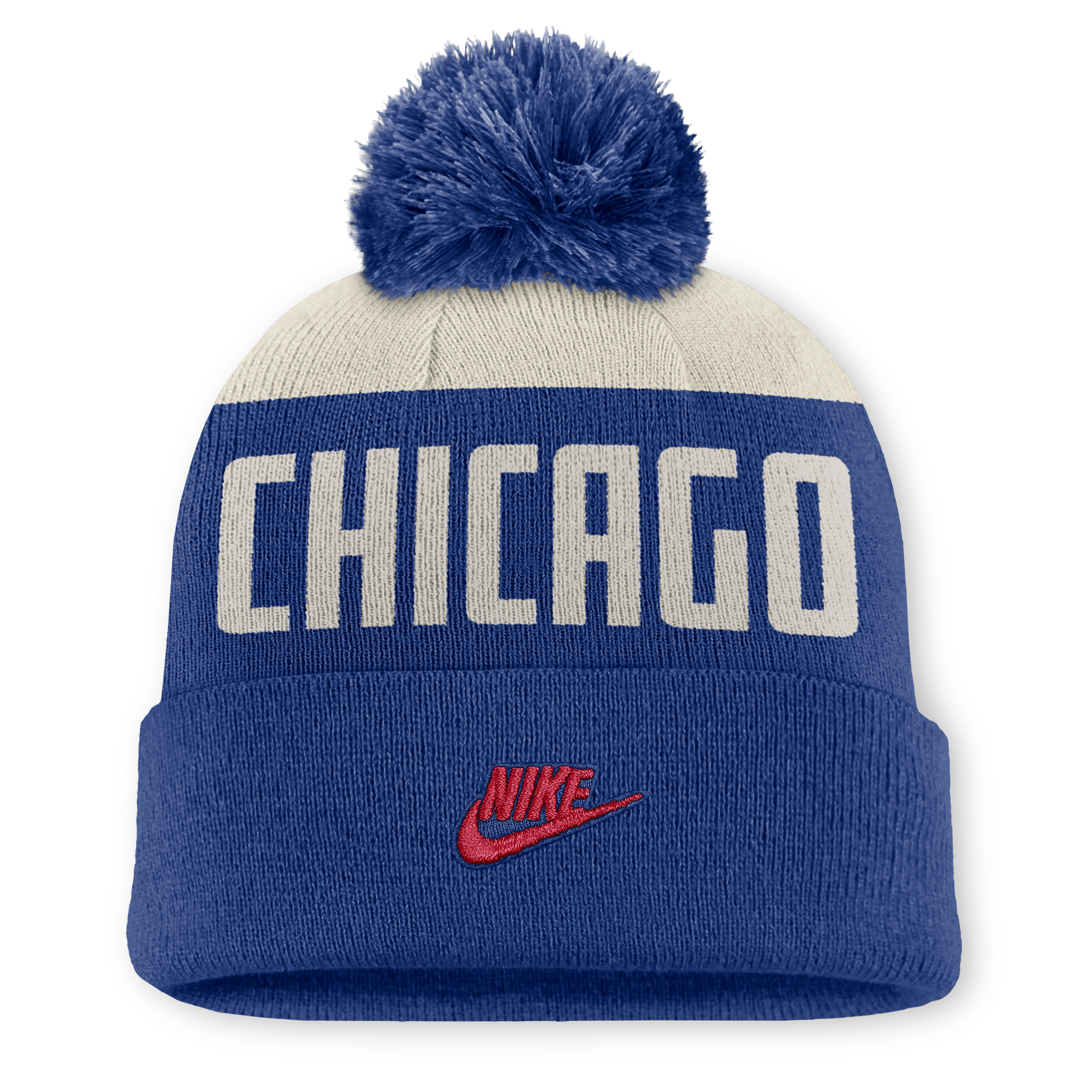 Bonnet à revers Nike Peak Standard pour homme, coloris naturel/bleu roi, Chicago Cubs, avec pompon.