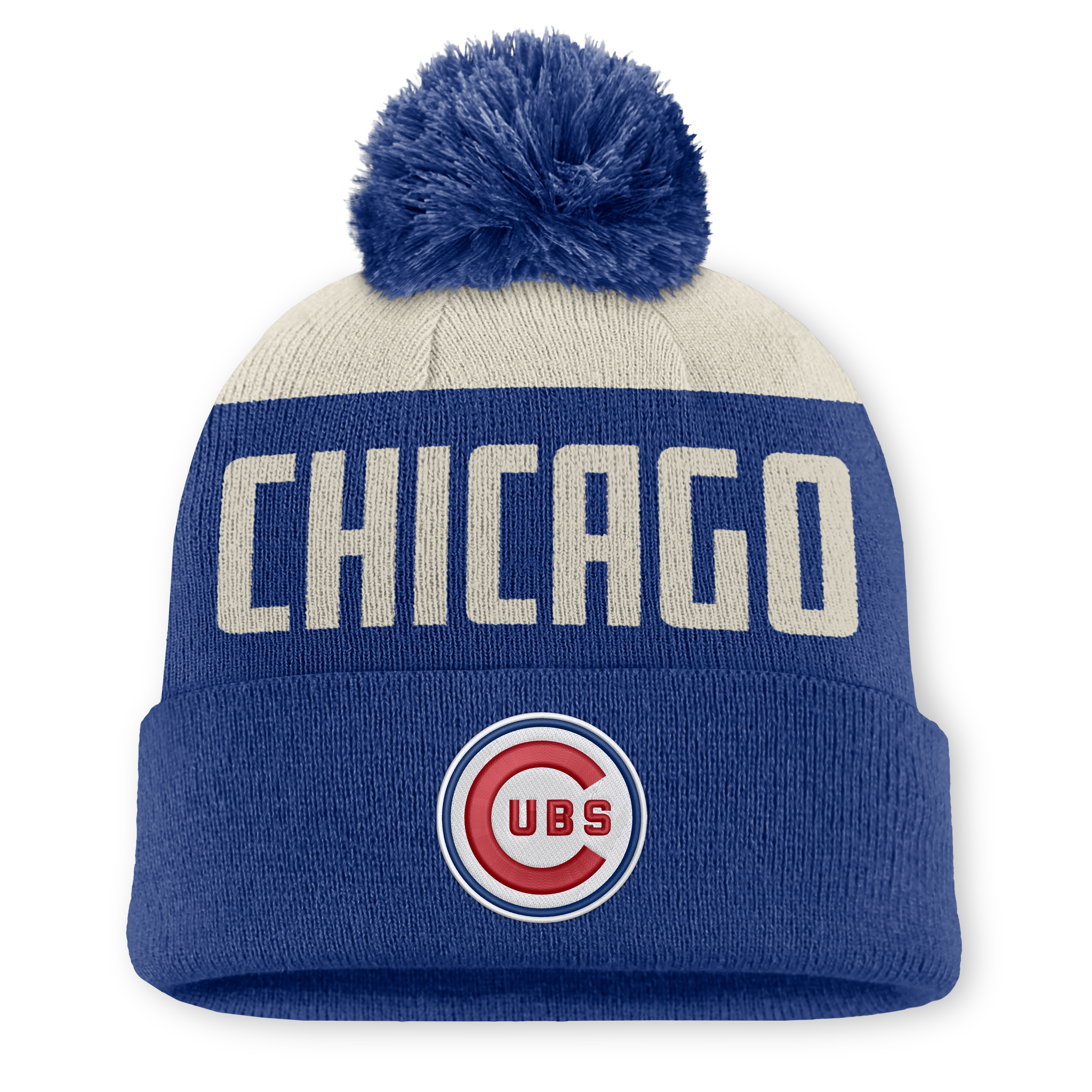 Bonnet à revers Nike Peak Standard pour homme, coloris naturel/bleu roi, Chicago Cubs, avec pompon.