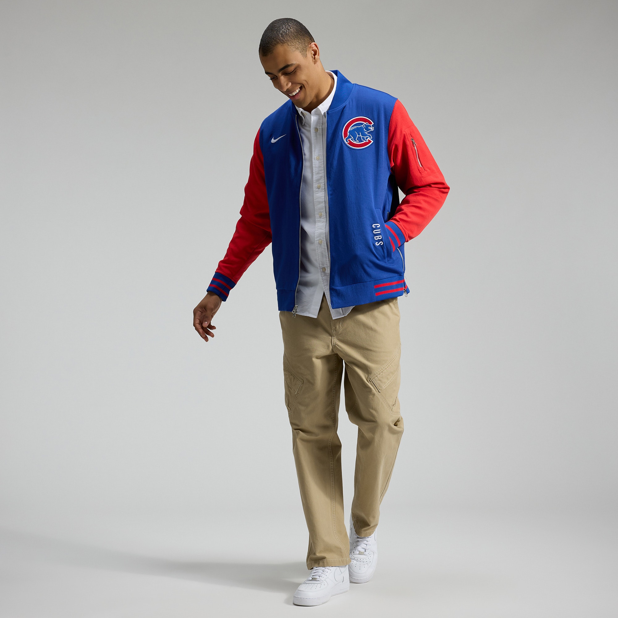 Veste aviateur Nike pour homme, coupe décontractée, entièrement zippée, collection authentique des Chicago Cubs, bleu royal/rouge