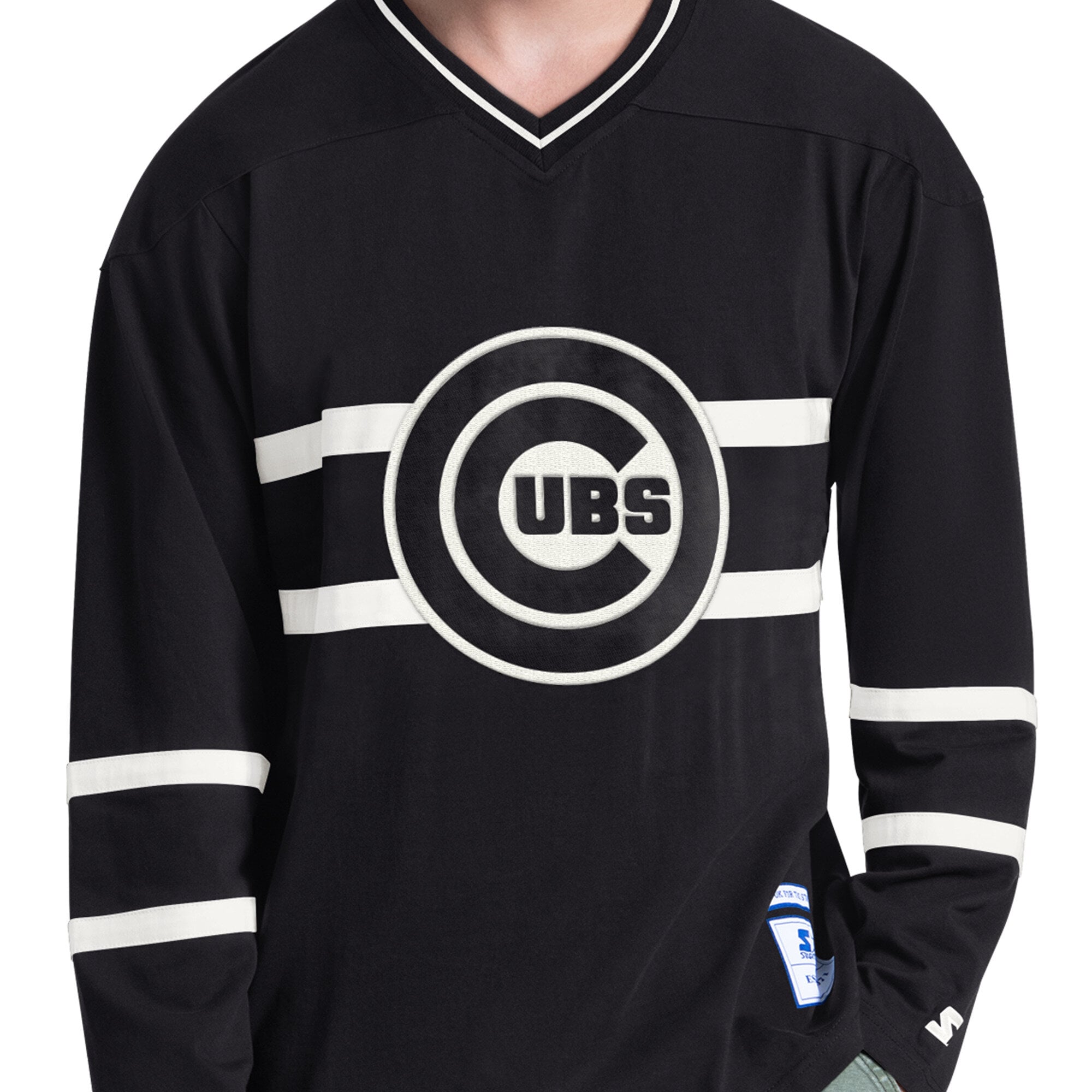 Men's Starter Black Chicago Cubs Line Up Long Sleeve V-Neck T-Shirt