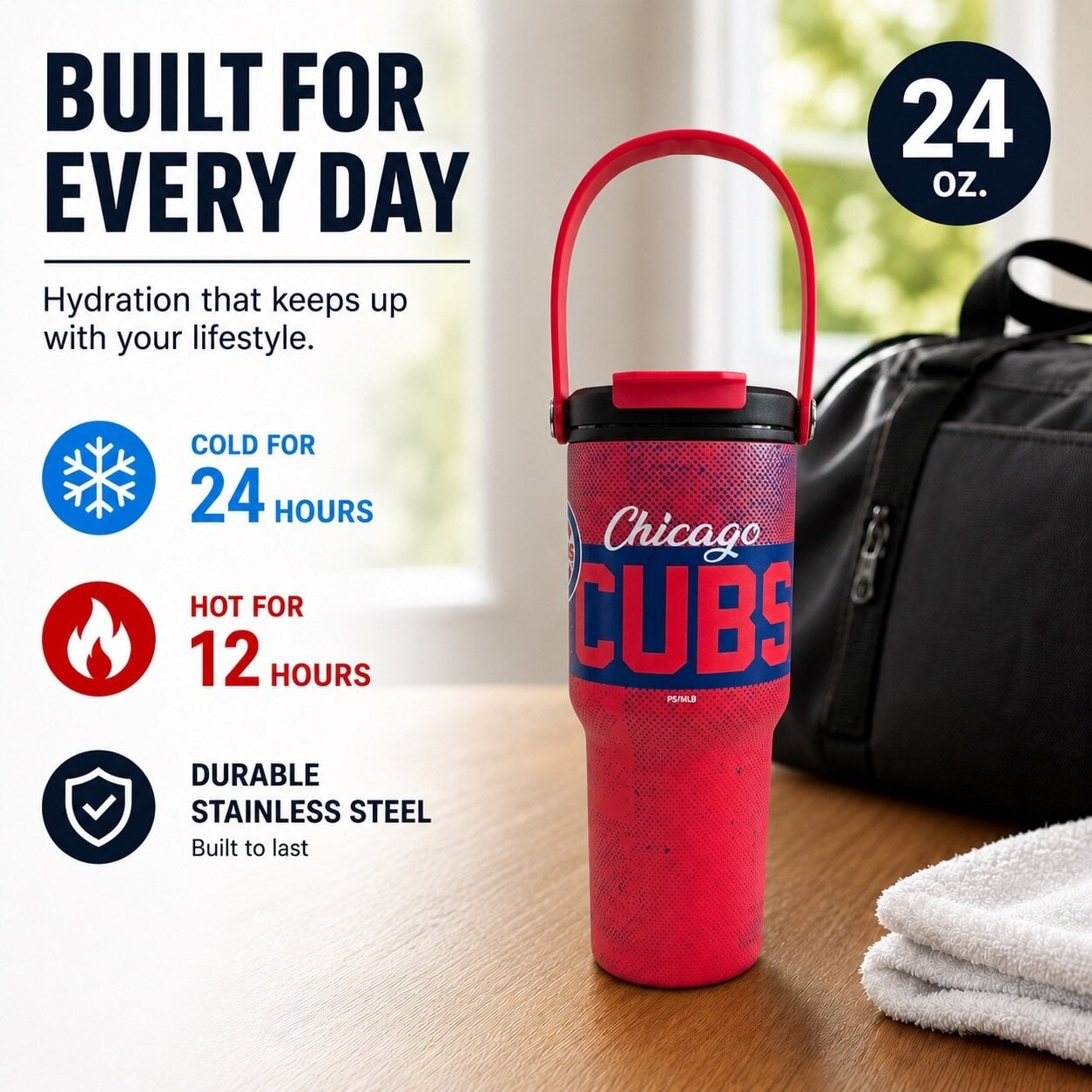 Gourde Pegasus Chicago Cubs 710 ml (24 oz) en acier inoxydable à double bouchon et motif moucheté dégradé