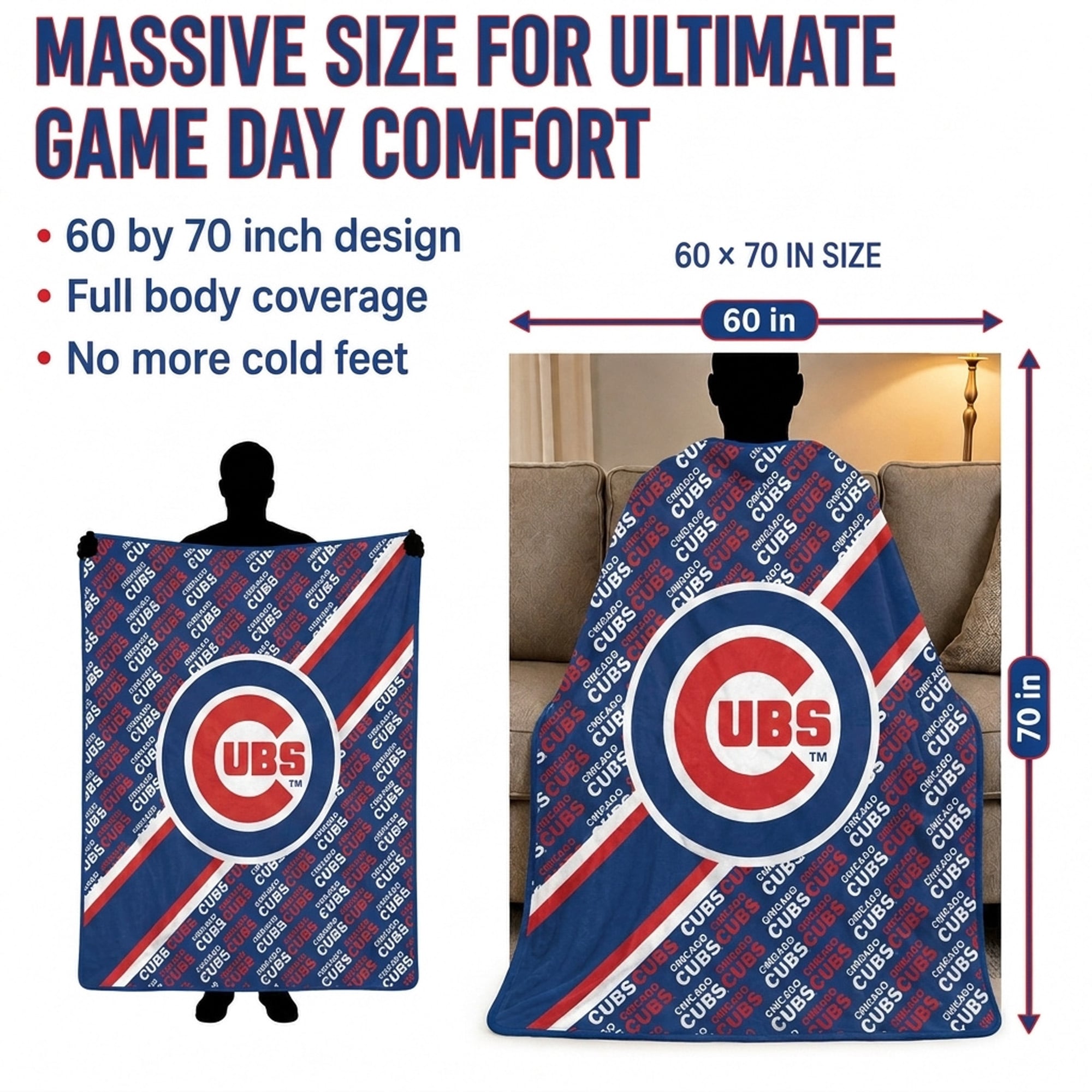 Couverture ultra douce Pegasus Chicago Cubs 60" x 70" (diagonale) avec logo et doublure