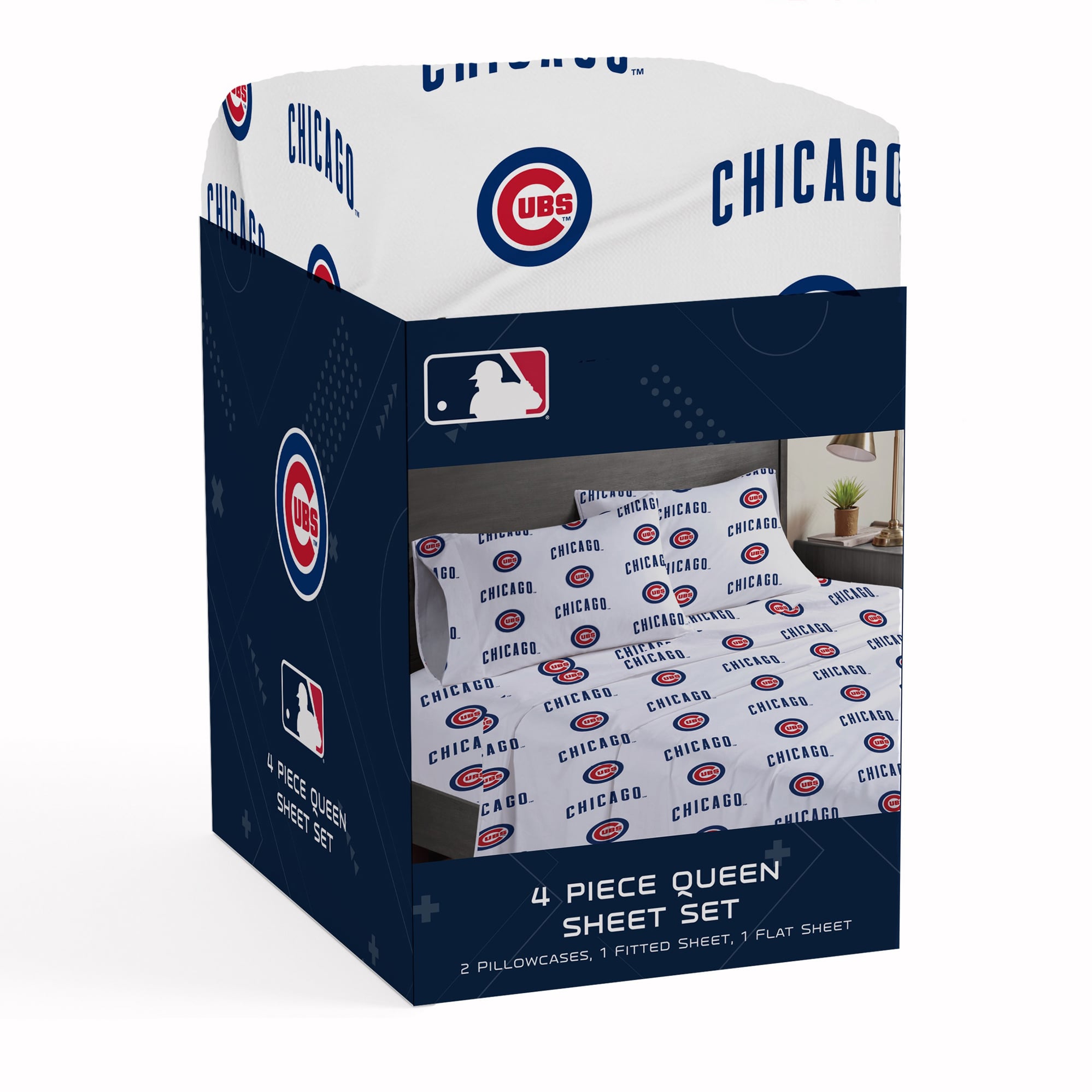Ensemble de draps quatre pièces Pegasus Chicago Cubs pour lit queen