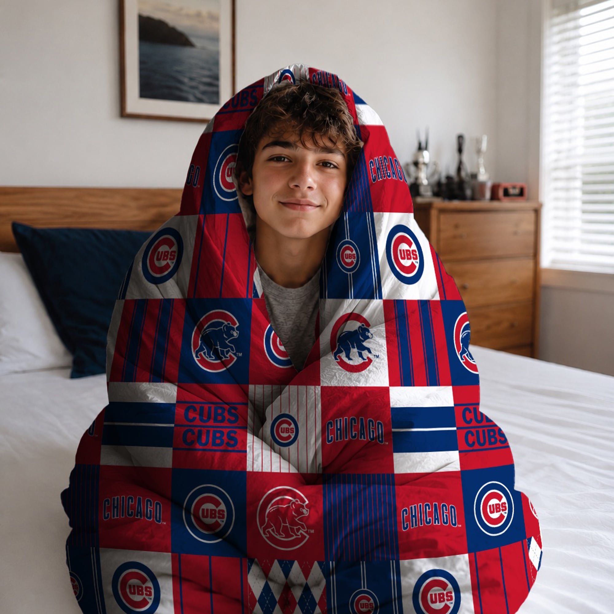 Ensemble de literie trois pièces Pegasus Chicago Cubs Patchwork Plaid pour lit double/queen