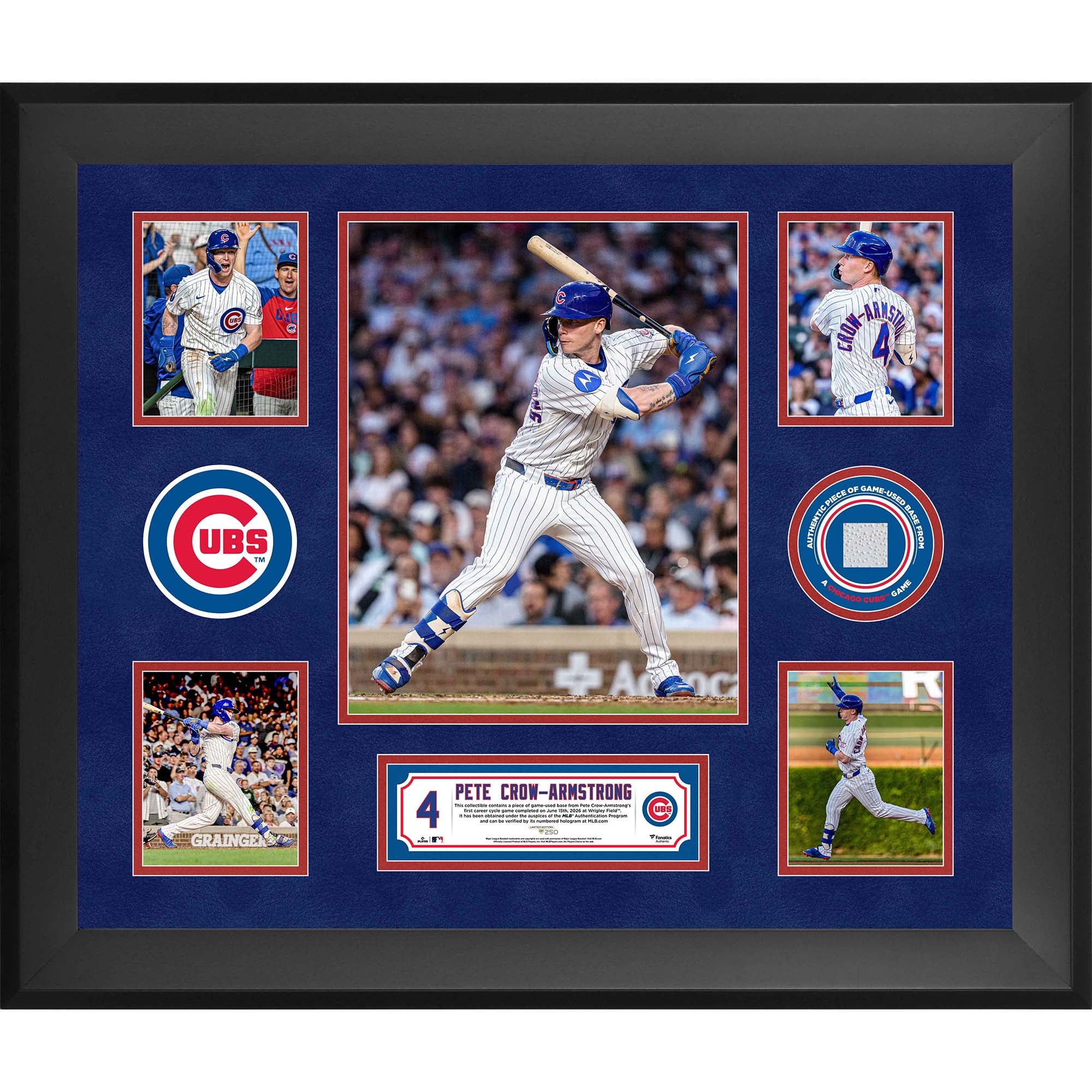 Pete Crow-Armstrong Chicago Cubs Framed 5-Photo Collage with a Piece of Game-Used Base from First Career Cycle - Limited Edition of 250