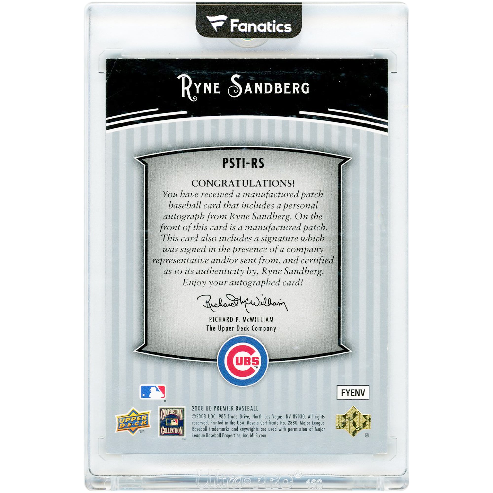 Carte autographiée par Ryne Sandberg des Cubs de Chicago (2008), Upper Deck Premier Premium Stitchings Manufactured Patch Relic #PSTI-RS #7/25