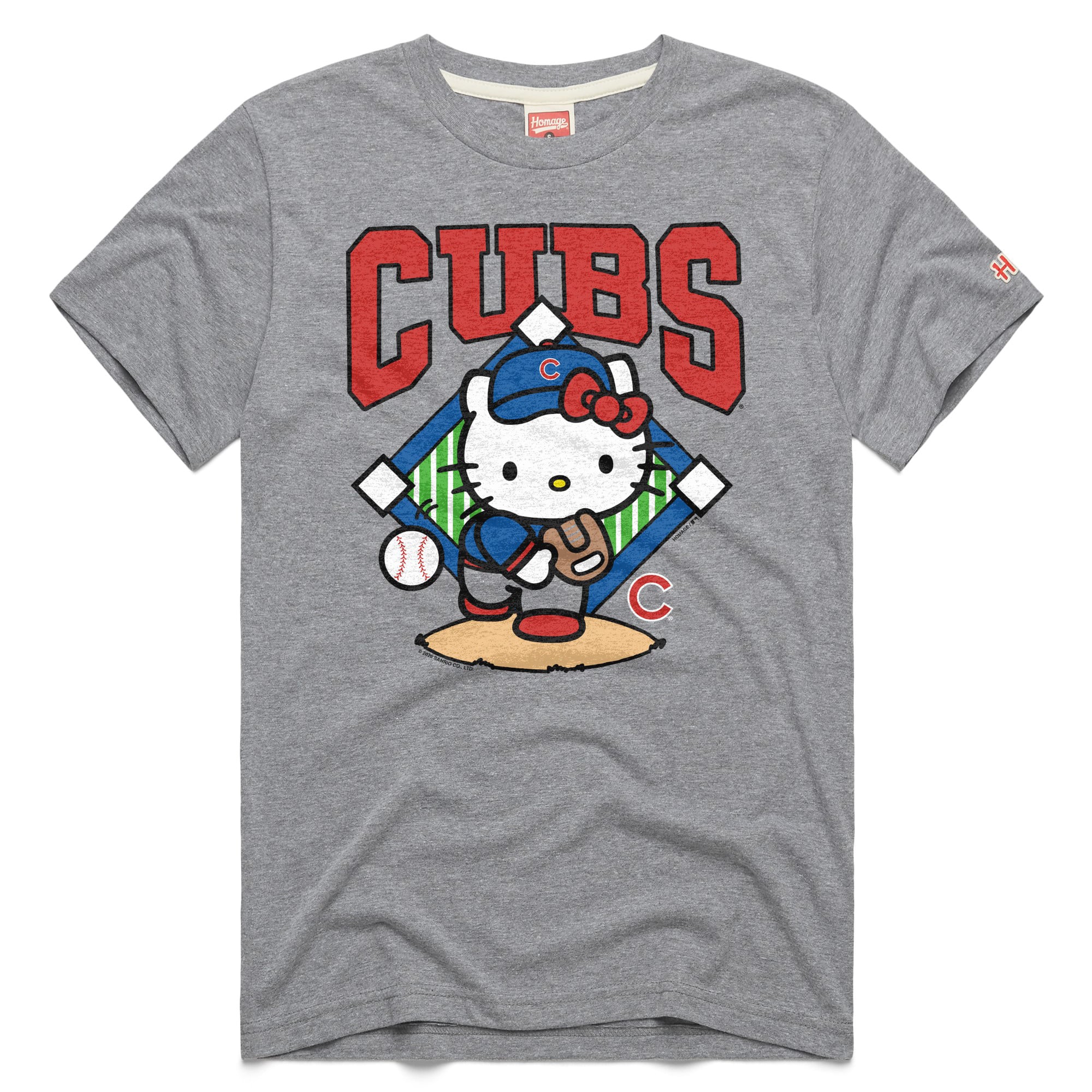 T-shirt unisexe gris hommage aux Chicago Cubs et à Hello Kitty en mélange de trois matières