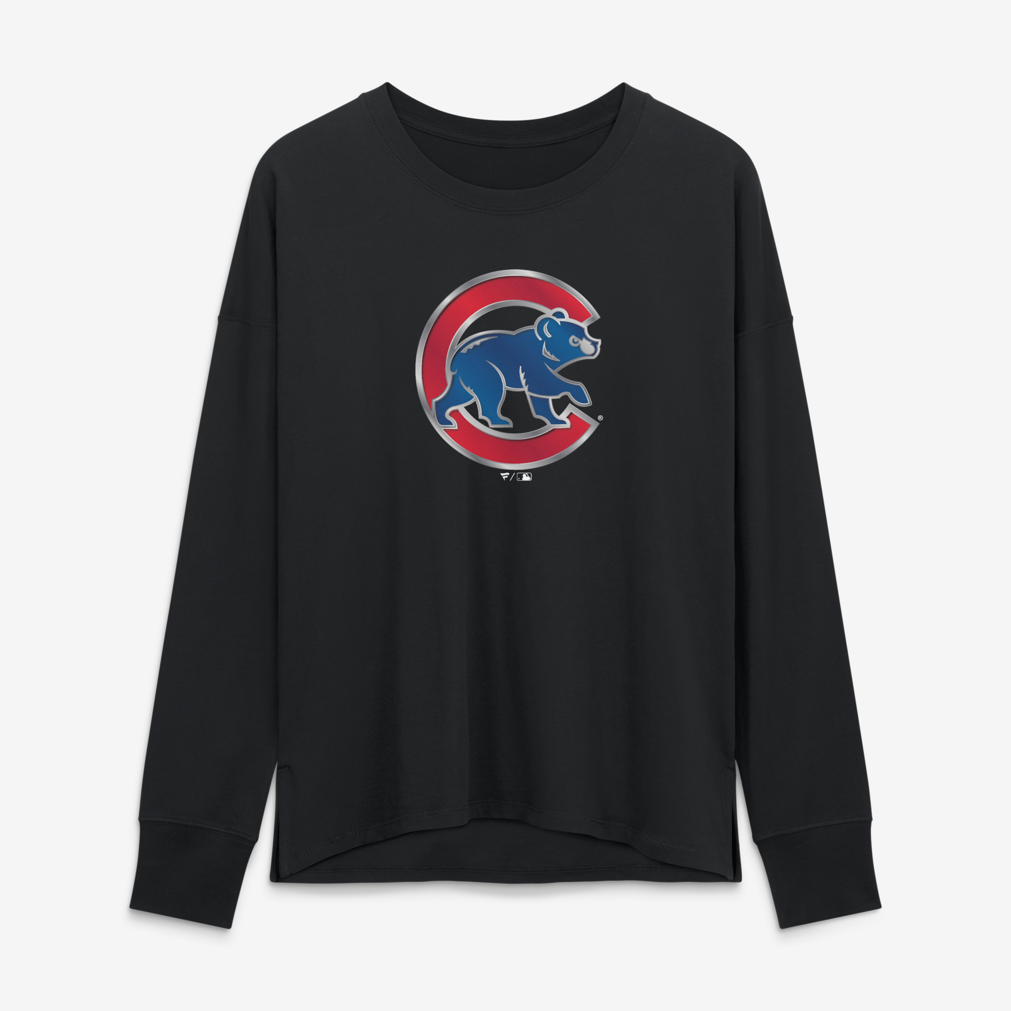 T-shirt à manches longues noir pour femmes avec mascotte métallique des Cubs de Chicago