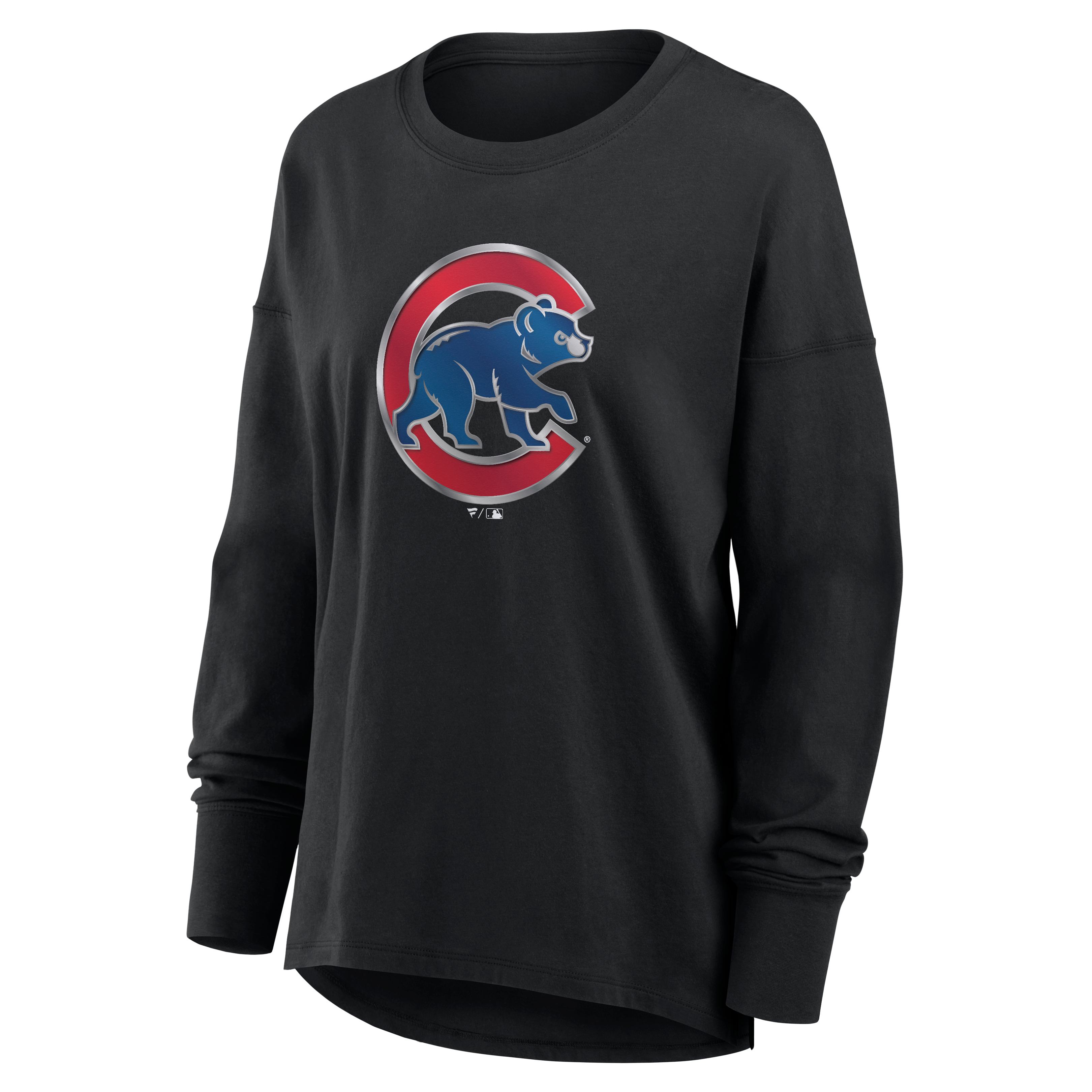 T-shirt à manches longues noir pour femmes avec mascotte métallique des Cubs de Chicago