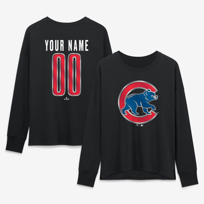 Chicago Cubs Women's Metallic Mascot Personalized Name & Number Long Sleeve T-Shirt - Black