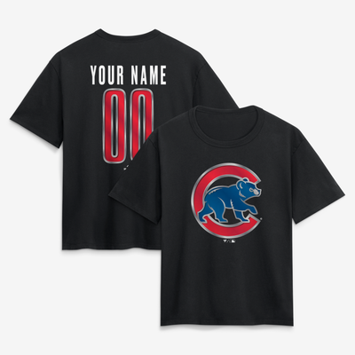 Chicago Cubs Women's Metallic Mascot Personalized Name & Number T-Shirt - Black