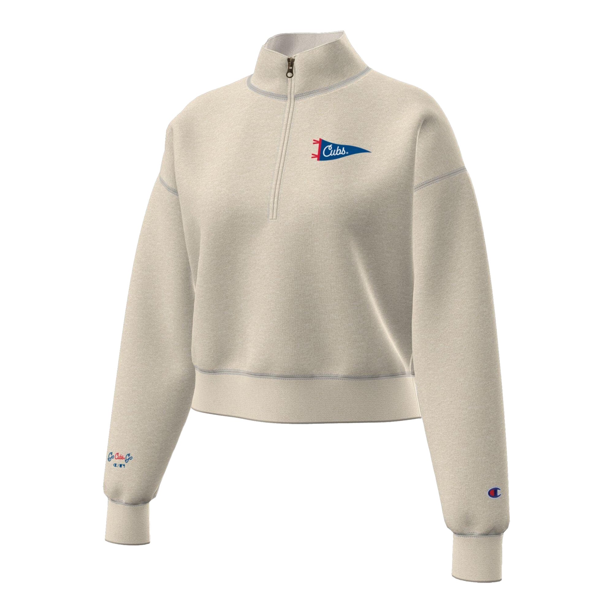 Pull court à col zippé Champion pour femme, couleur crème, motif Chicago Cubs Triumph, en polaire mélangée.