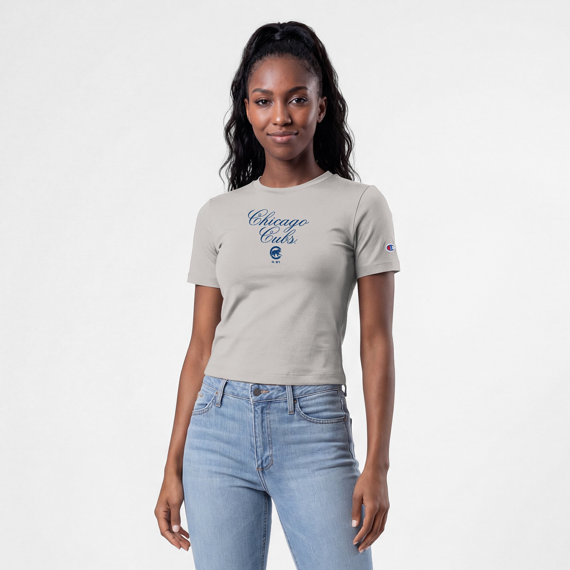 T-shirt court ajusté doux au toucher Champion gris pour femme, Chicago Cubs