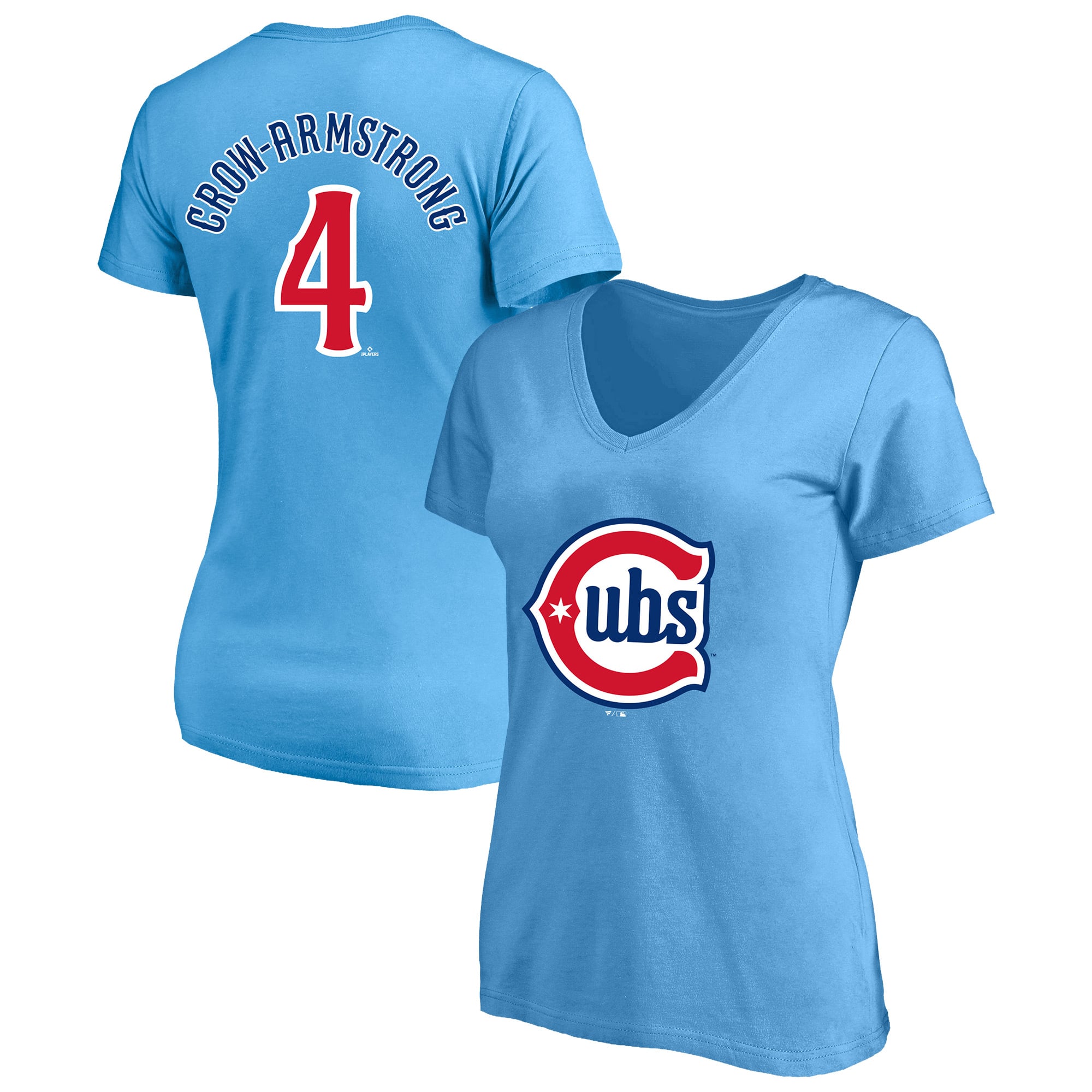 Women's Fanatics Pete Crow-Armstrong Light Blue Chicago Cubs Plus Name & Number V-Neck T-Shirt