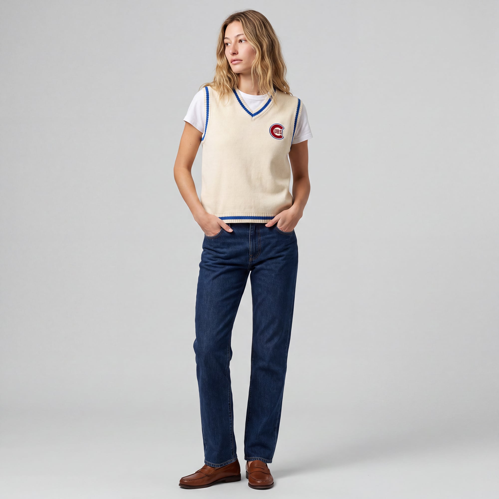 Women's Mitchell & Ness Cream Chicago Cubs Cooperstown Collection Retro Roots Sweater Vest
