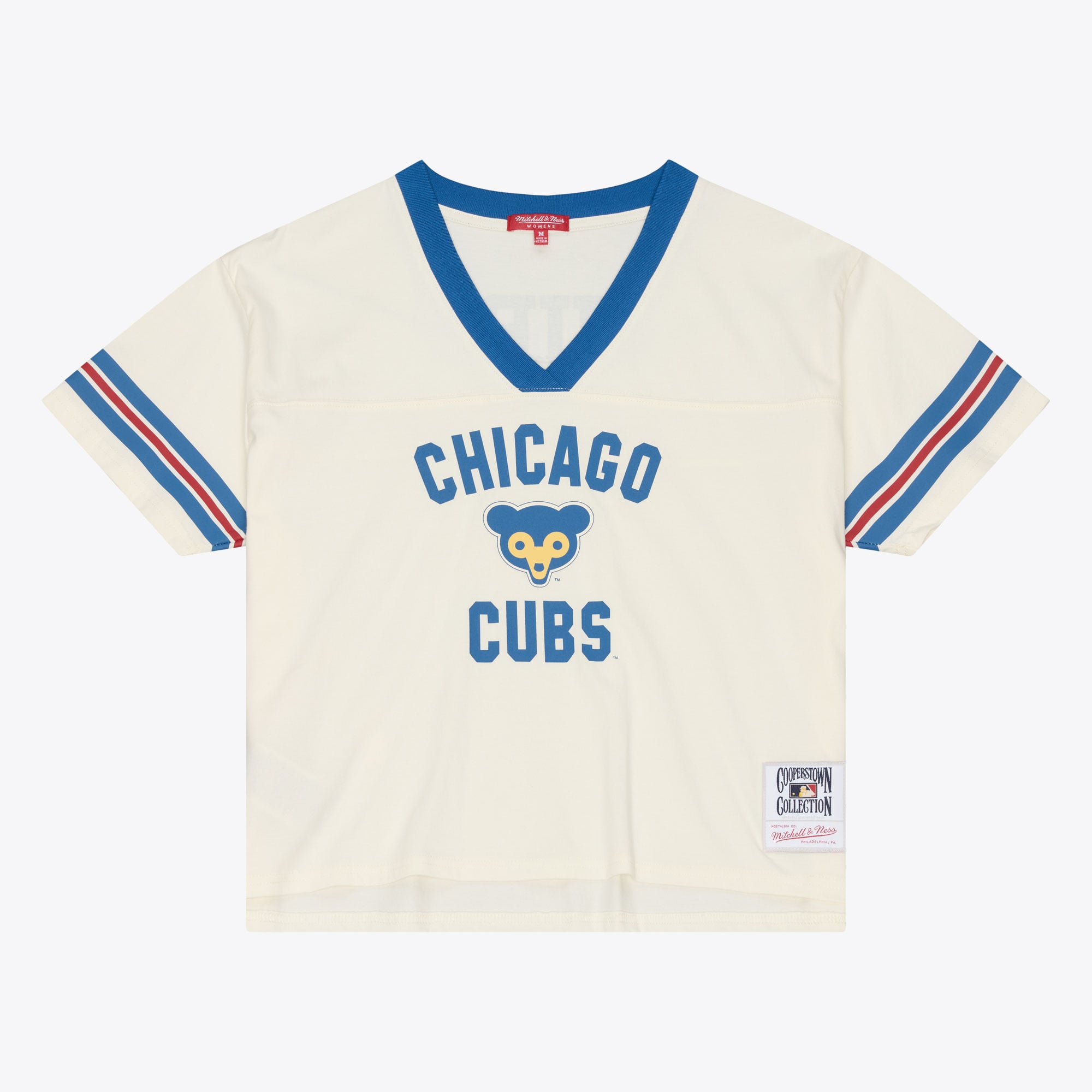 T-shirt court à col en V Mitchell & Ness crème Chicago Cubs Retro Roots Hardwood Classics pour femme