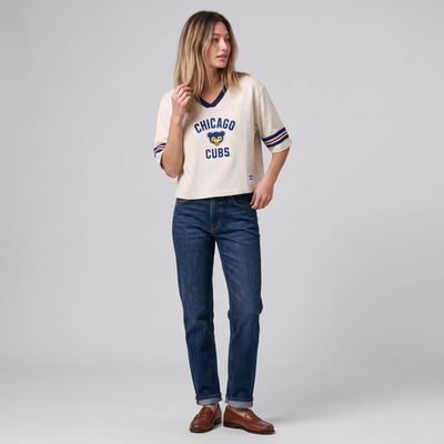  Chicago Cubs Mitchell & Ness Women's Retro Roots Hardwood Classics Cropped Boxy Yoke V-Neck T-Shirt - Cream