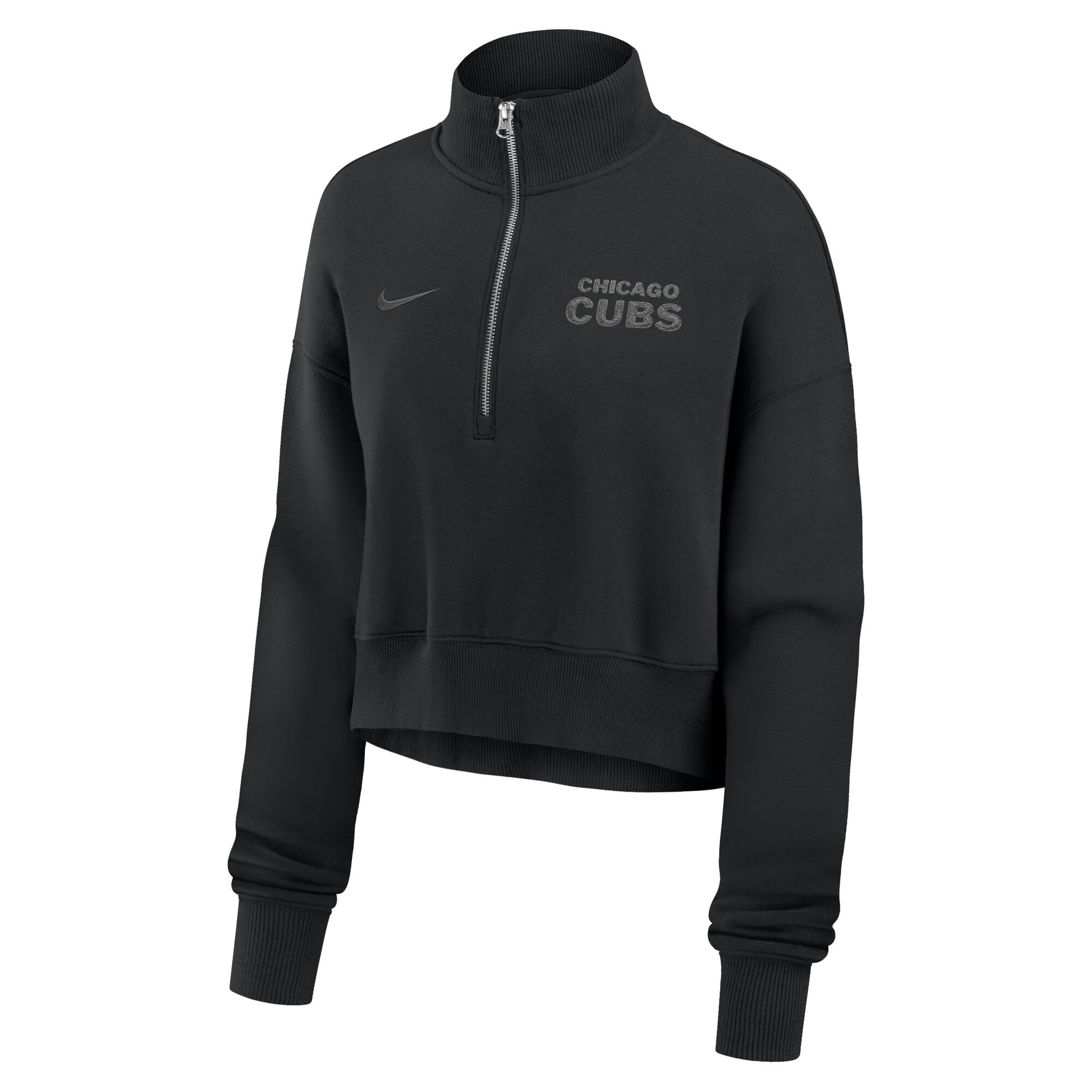 Sweat-shirt court à col zippé Nike Chicago Cubs noir oversize Phoenix Fleece pour femme