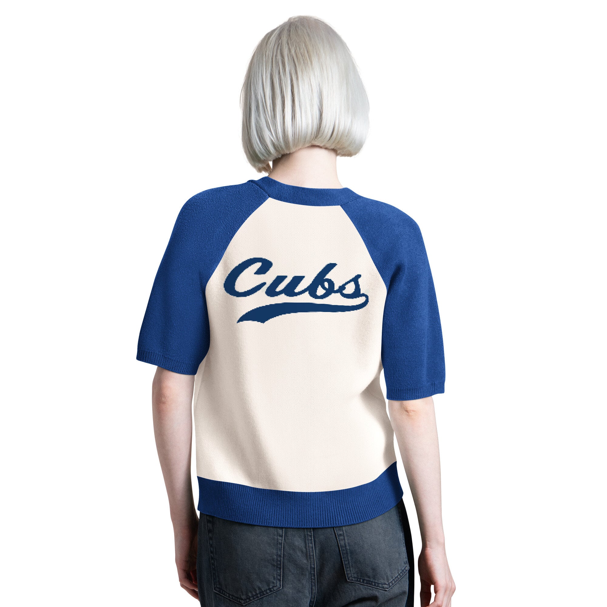 Women's Starter Cream Chicago Cubs Cooperstown Collection Key Player Tri-Blend Cropped Button-Up Raglan Short Sleeve Sweater