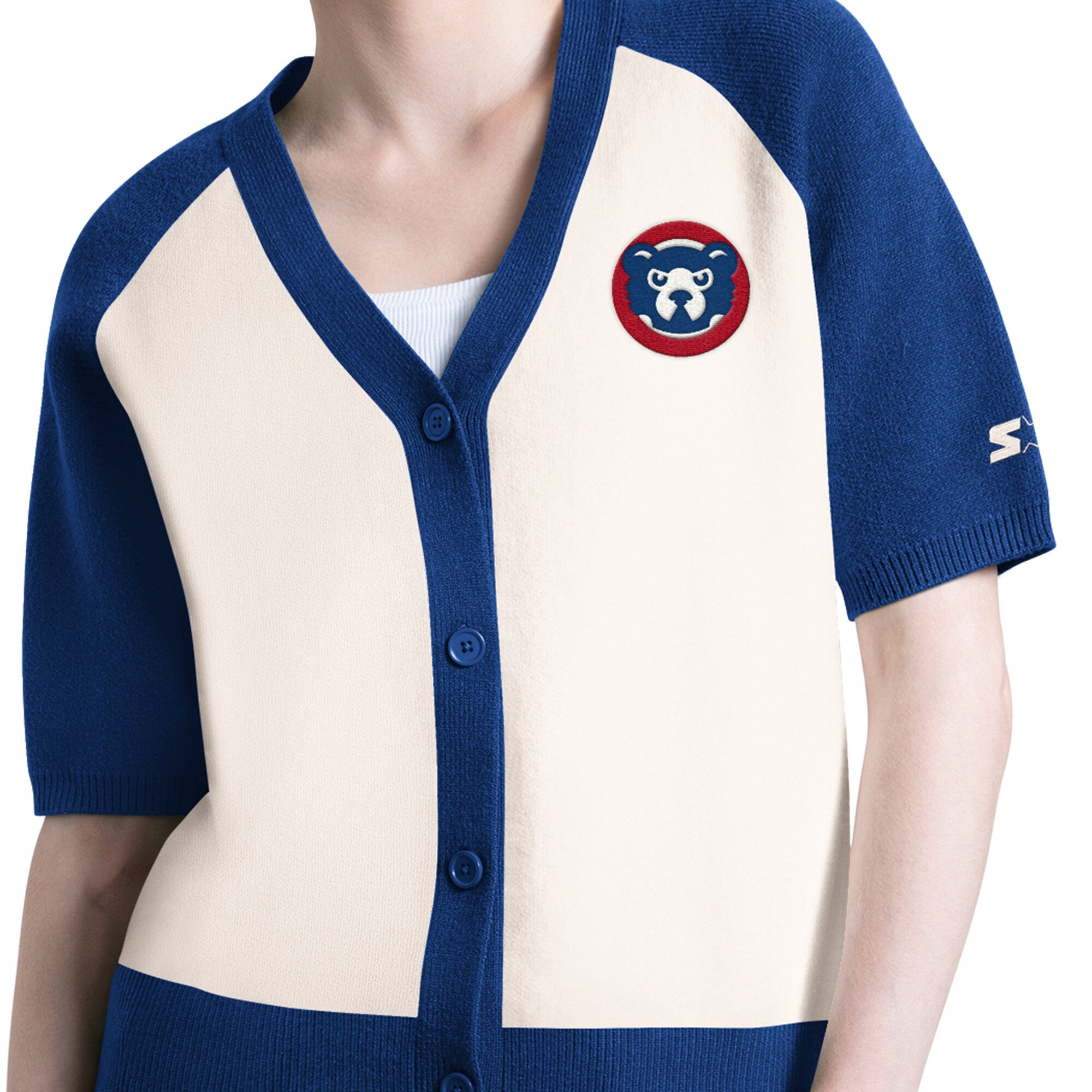Women's Starter Cream Chicago Cubs Cooperstown Collection Key Player Tri-Blend Cropped Button-Up Raglan Short Sleeve Sweater