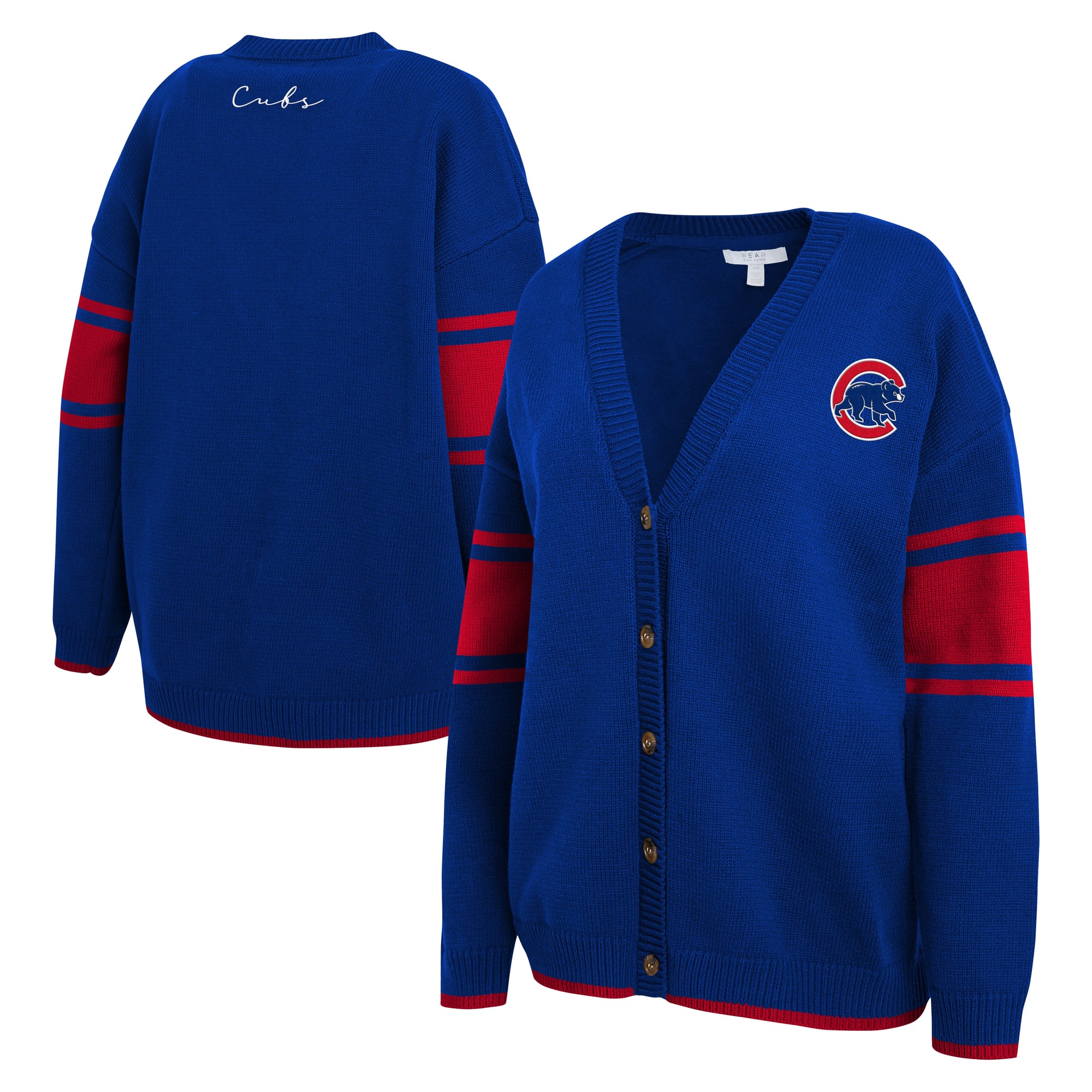 Women's WEAR by Erin Andrews Royal Chicago Cubs Button-Up Knit Cardigan