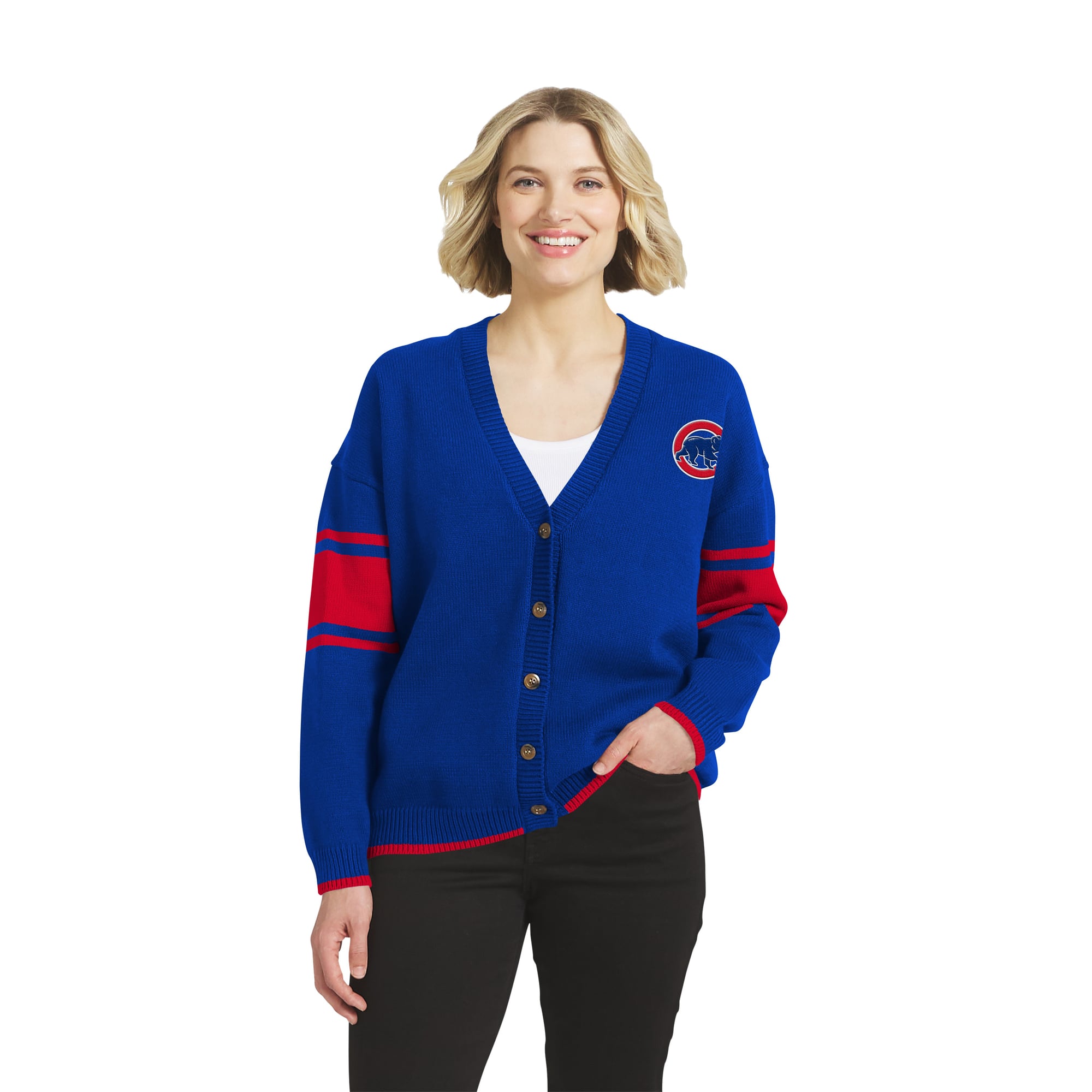 Women's WEAR by Erin Andrews Royal Chicago Cubs Button-Up Knit Cardigan