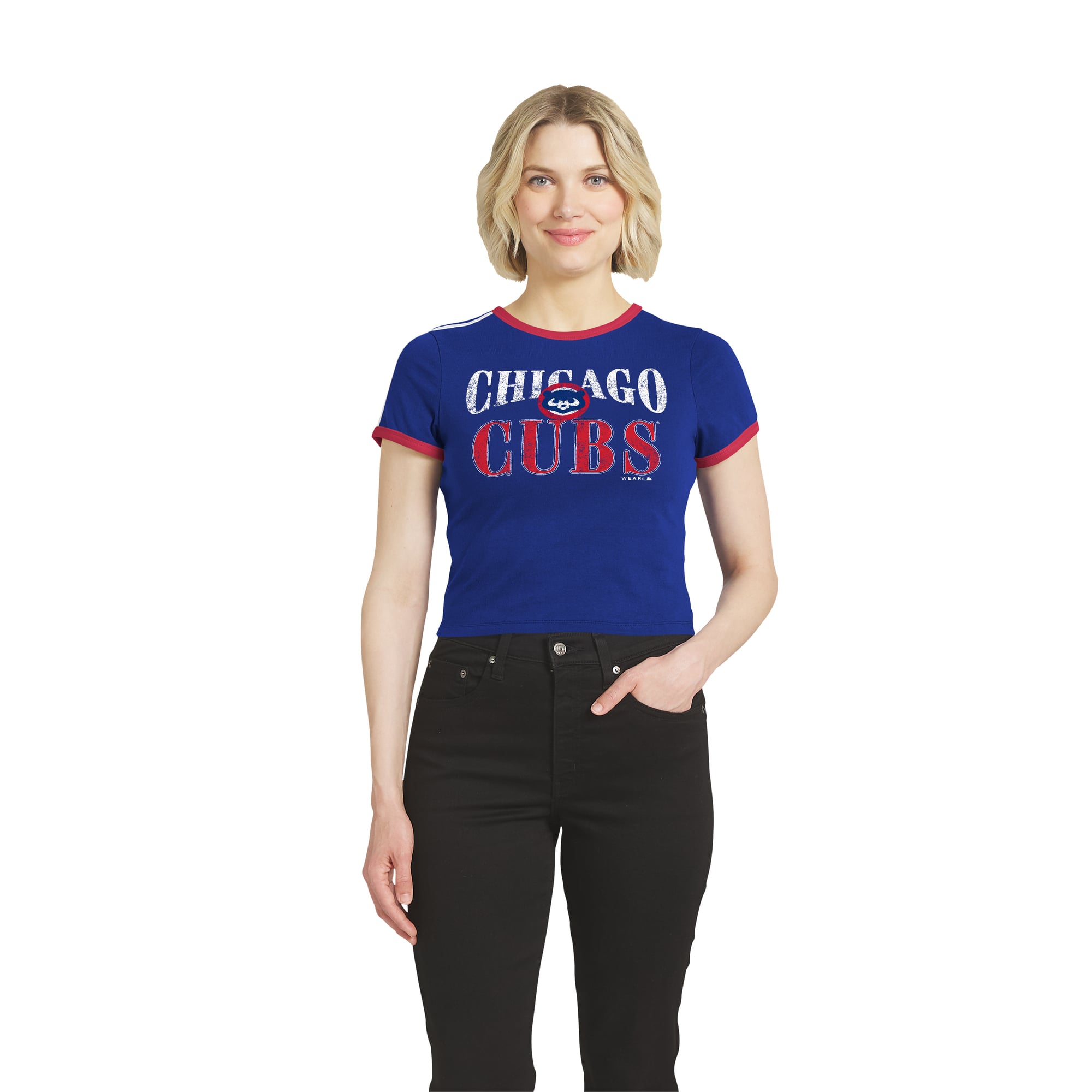 Women's WEAR by Erin Andrews Royal Chicago Cubs Cropped Throwback Ringer Baby T-Shirt