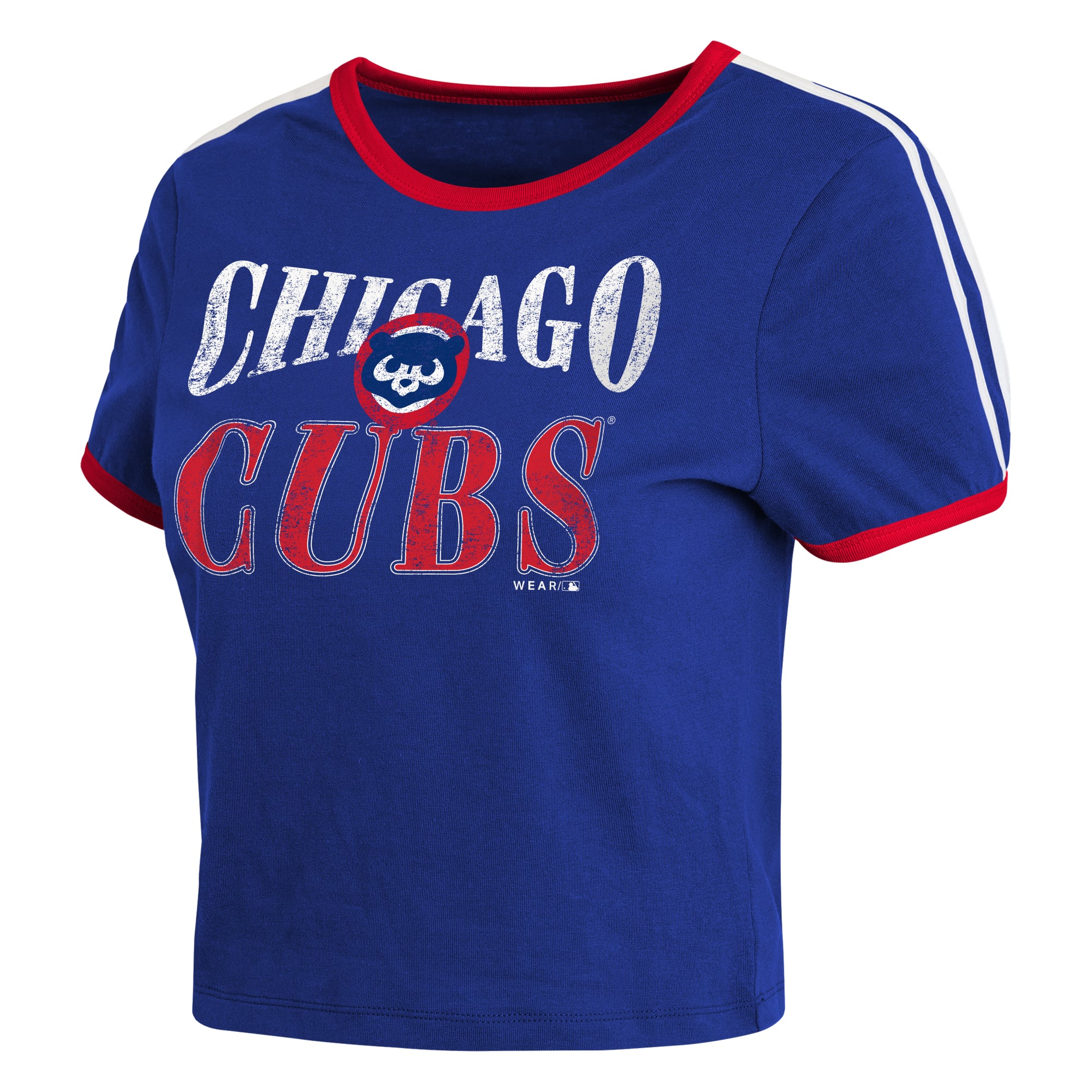 Women's WEAR by Erin Andrews Royal Chicago Cubs Cropped Throwback Ringer Baby T-Shirt