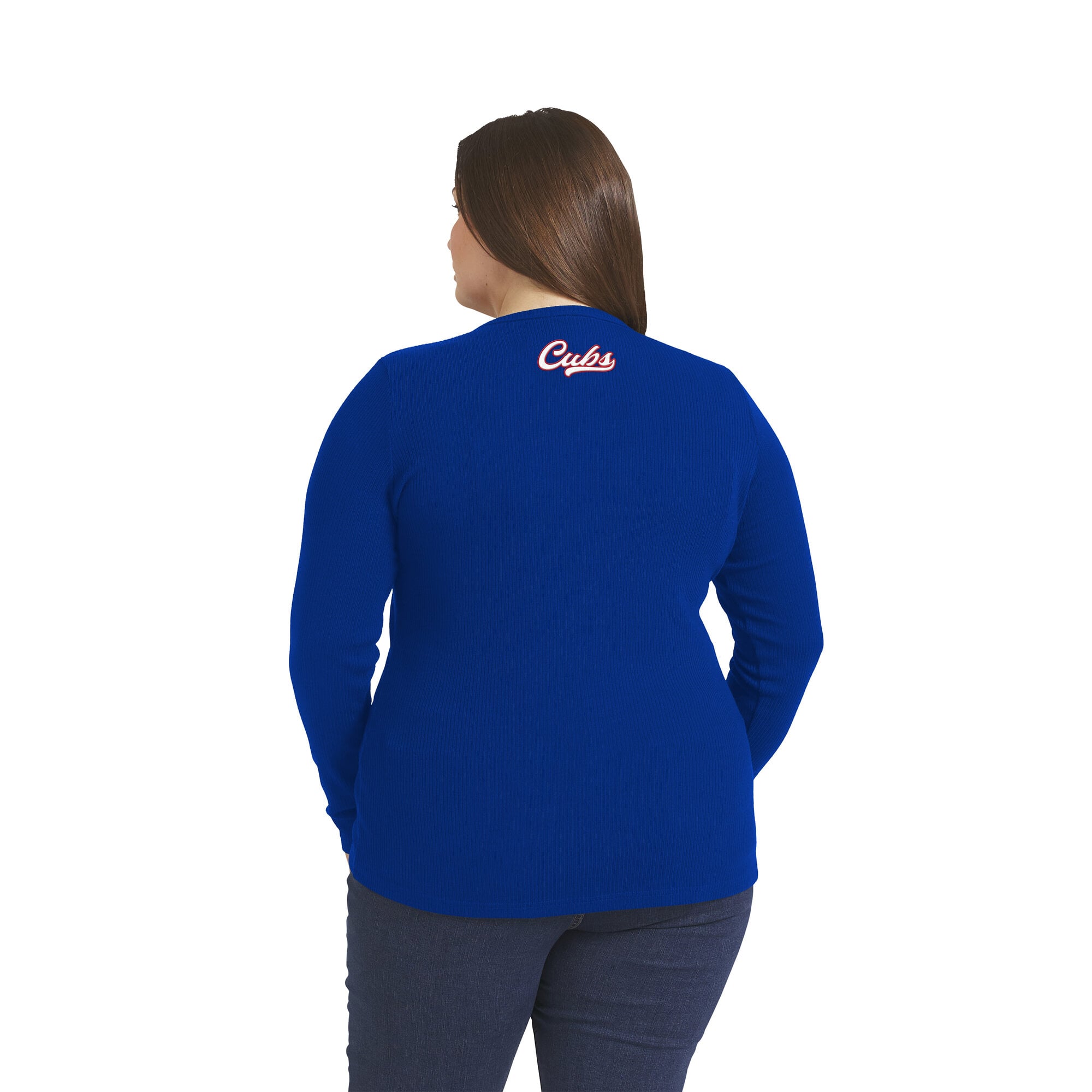 Women's WEAR by Erin Andrews Royal Chicago Cubs Plus-Size Rib-Knit Button-Down Sweater
