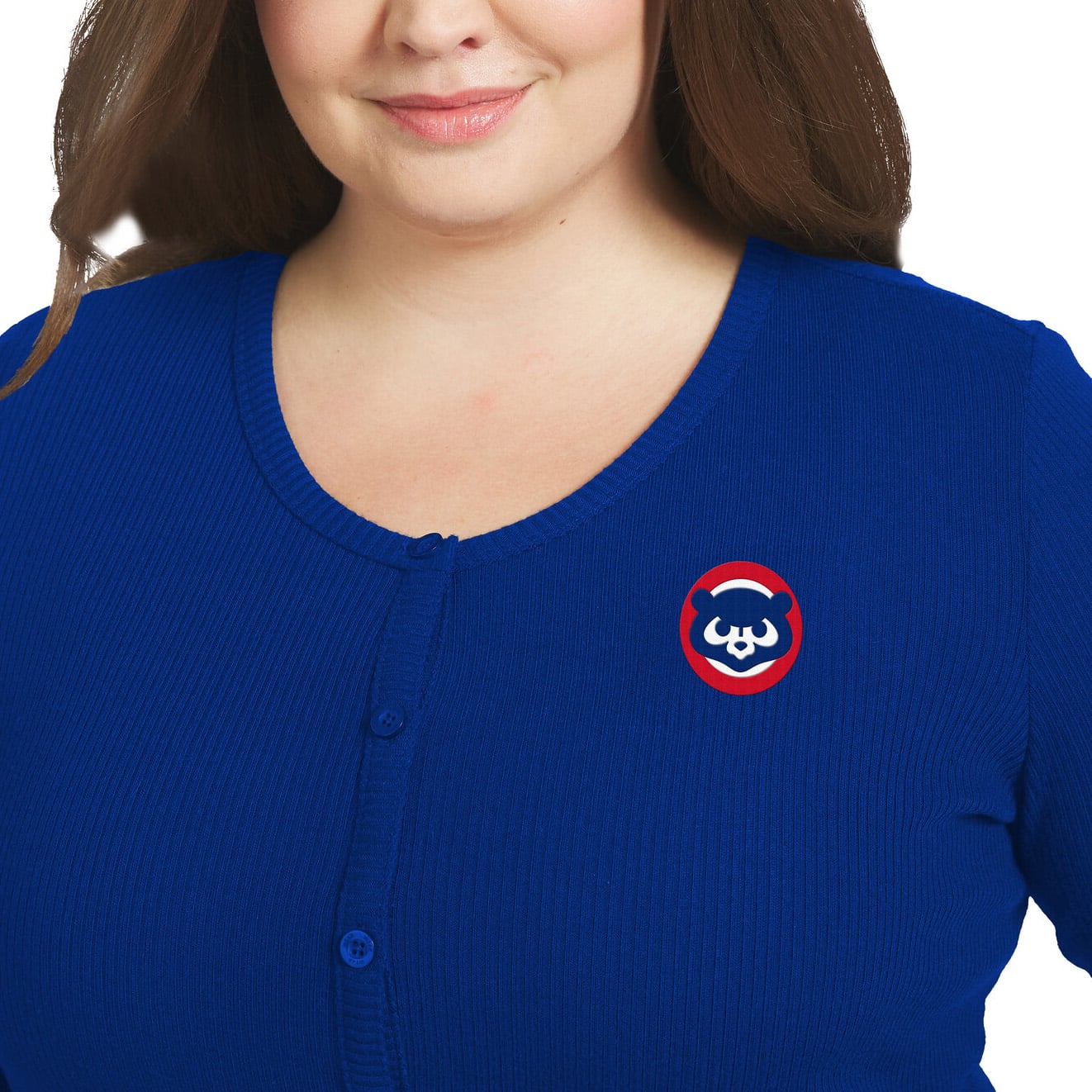 Women's WEAR by Erin Andrews Royal Chicago Cubs Plus-Size Rib-Knit Button-Down Sweater