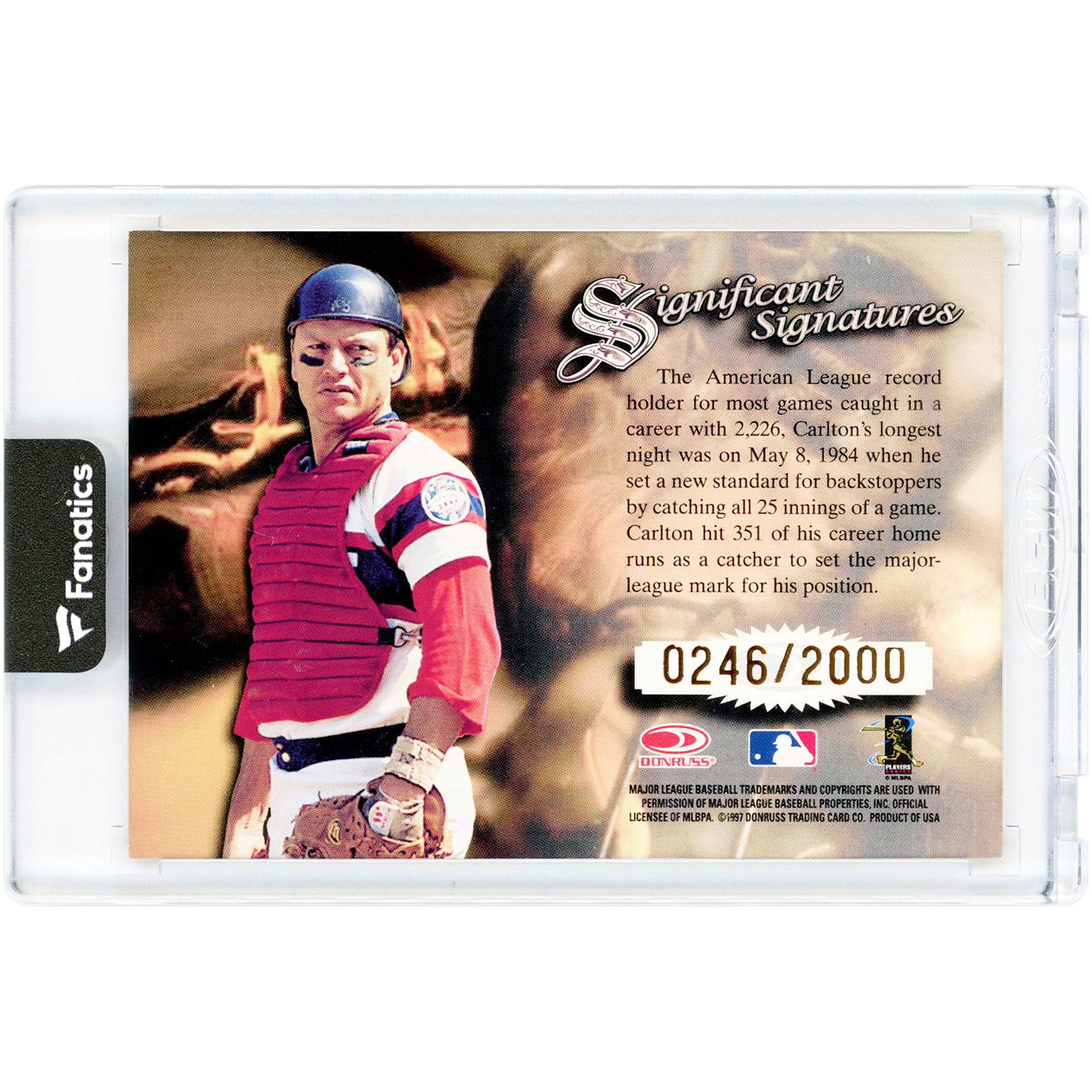 Carte autographiée de Carlton Fisk, Chicago White Sox, série Donruss Signature 1997, signatures importantes, n° NNO, n° 246/2000