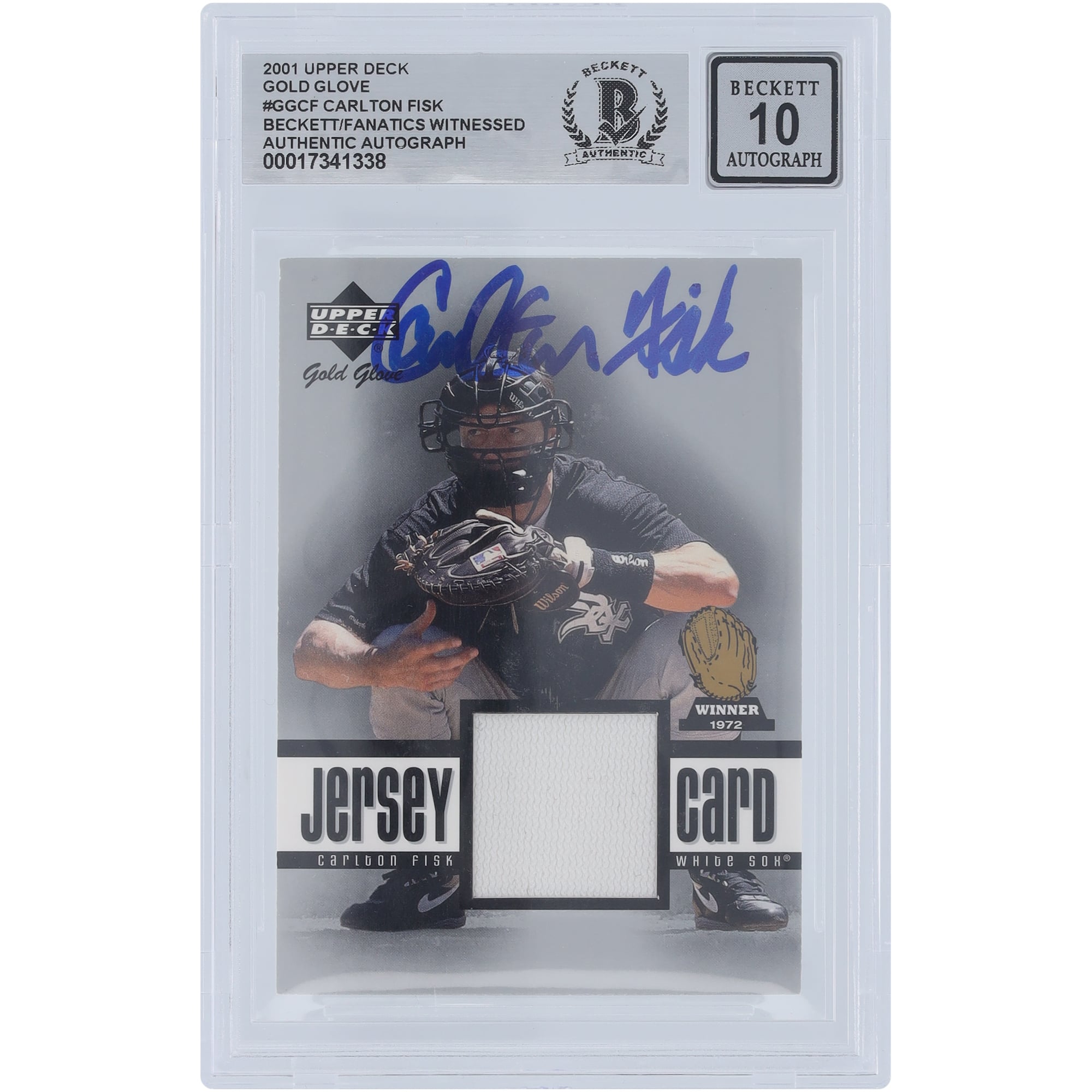 Carlton Fisk Chicago White Sox Autographed 2001 Upper Deck Gold Glove Game Jersey Relic #GG-CF Beckett Fanatics Witnessed Authenticated 10 Card