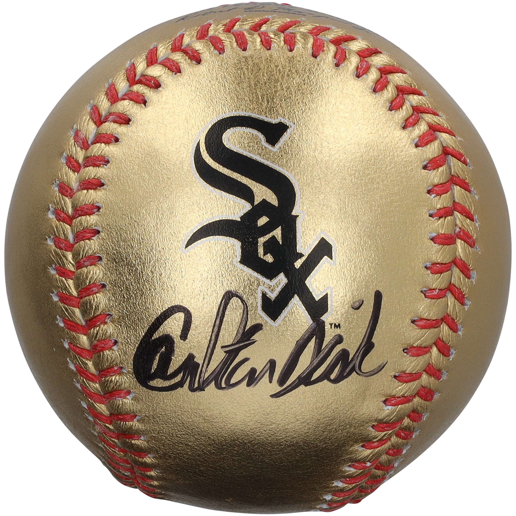 Balle de baseball en cuir doré autographiée par Carlton Fisk, des White Sox de Chicago.