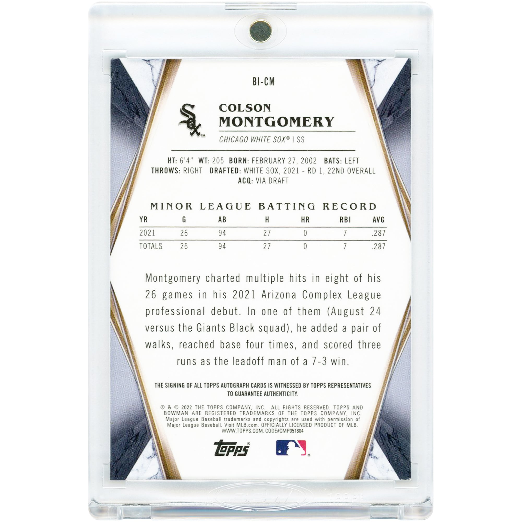 Carte autographiée par Colson Montgomery des White Sox de Chicago, Bowman Invicta Orange Refractor 2022 #BI-CM #19/25