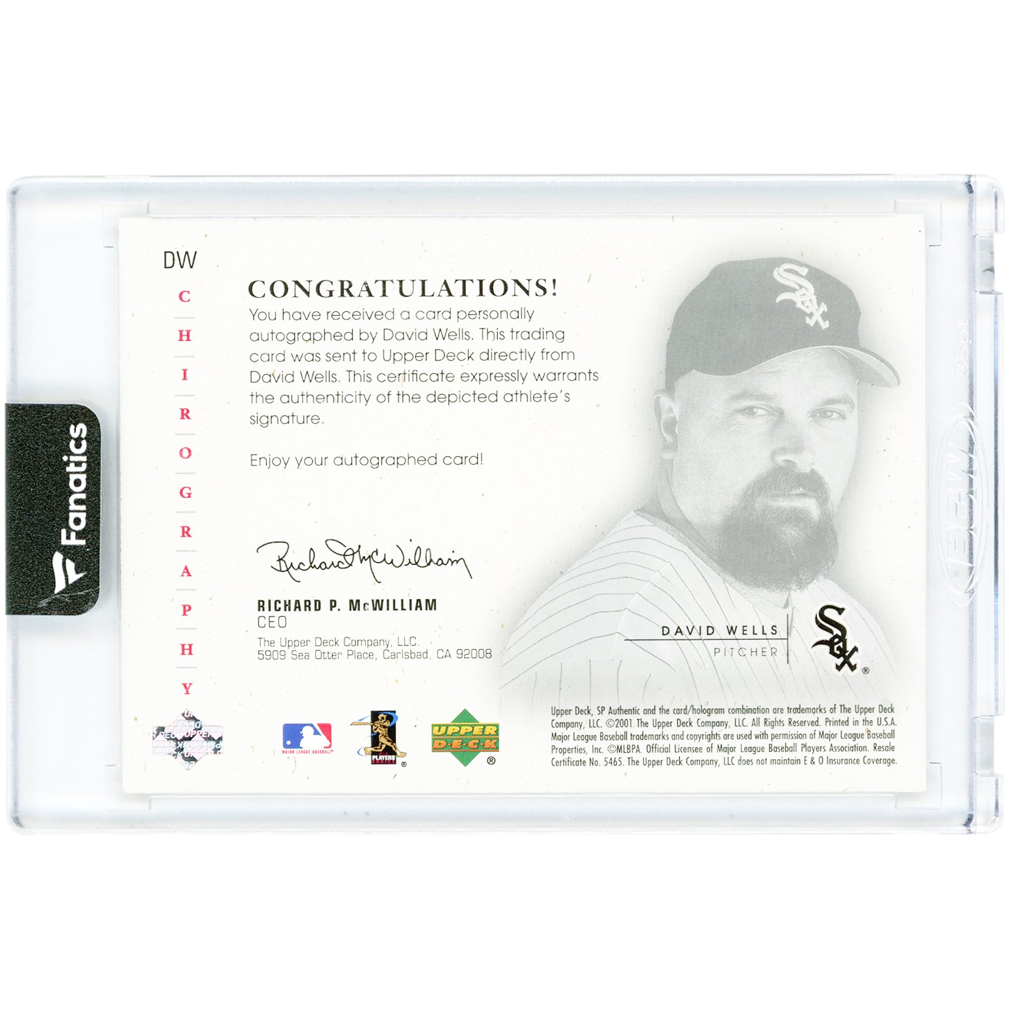 Carte autographiée par David Wells (Chicago White Sox) de 2001, Upper Deck SP Authentic Chirography #DW