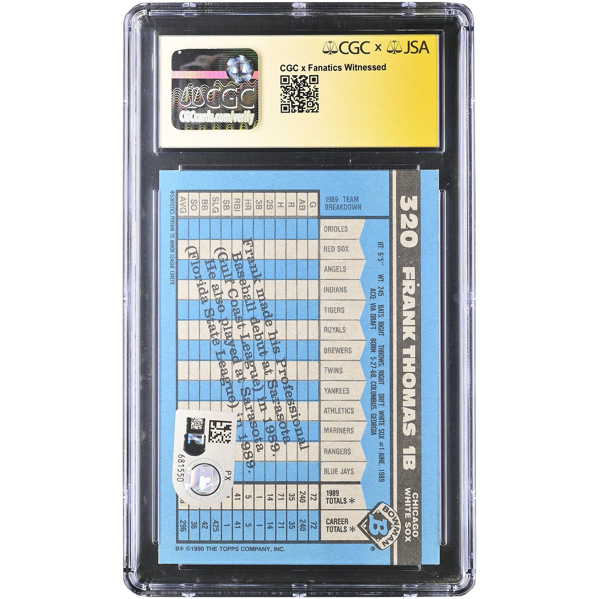 Frank Thomas Chicago White Sox Autographed 1990 Bowman #320 CGC Fanatics Witnessed Authenticated AUTO 10 Rookie Card with "HOF 2014" Inscription