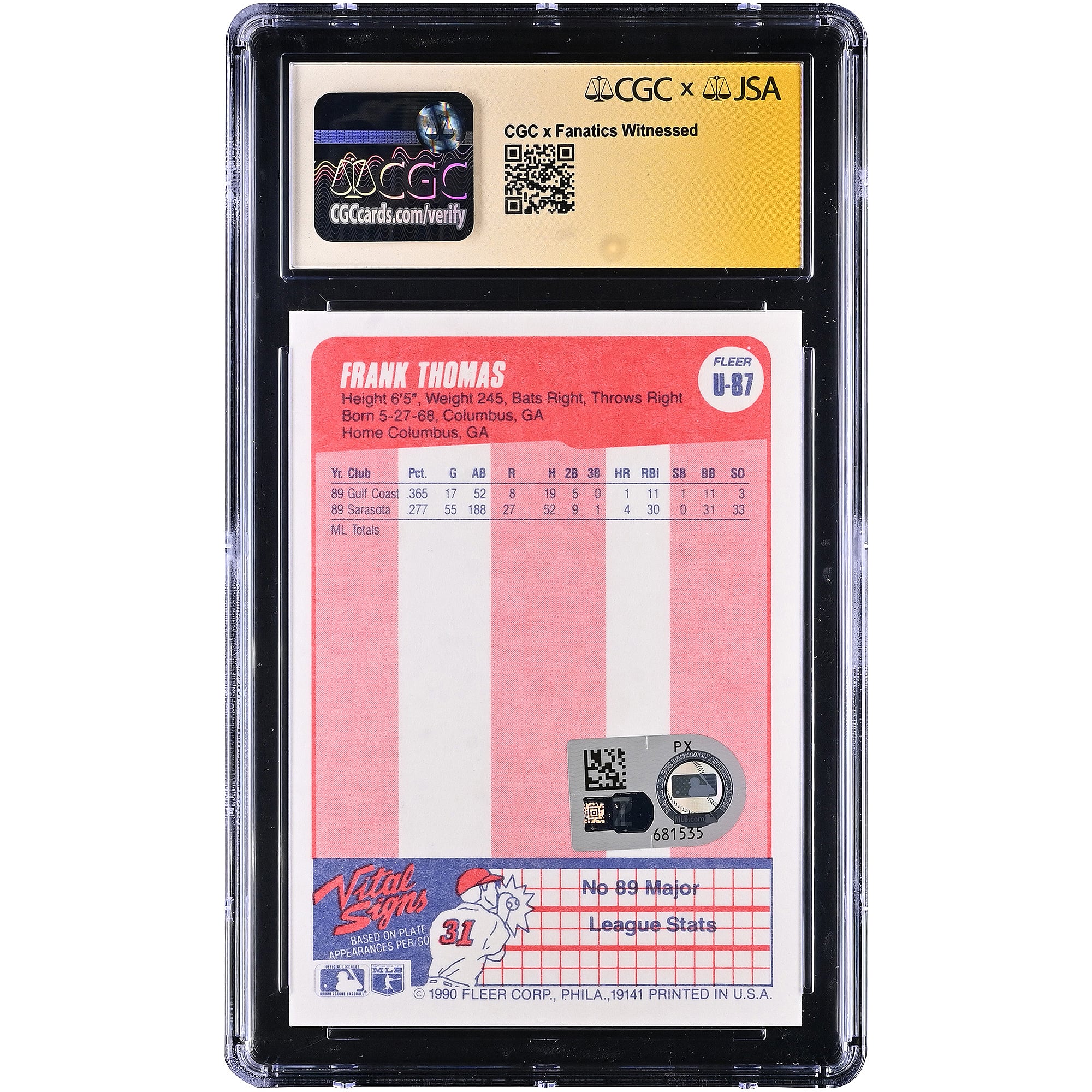 Frank Thomas Chicago White Sox Autographed 1990 Fleer Update #U-87 CGC Fanatics Witnessed Authenticated 10/10 Rookie Card
