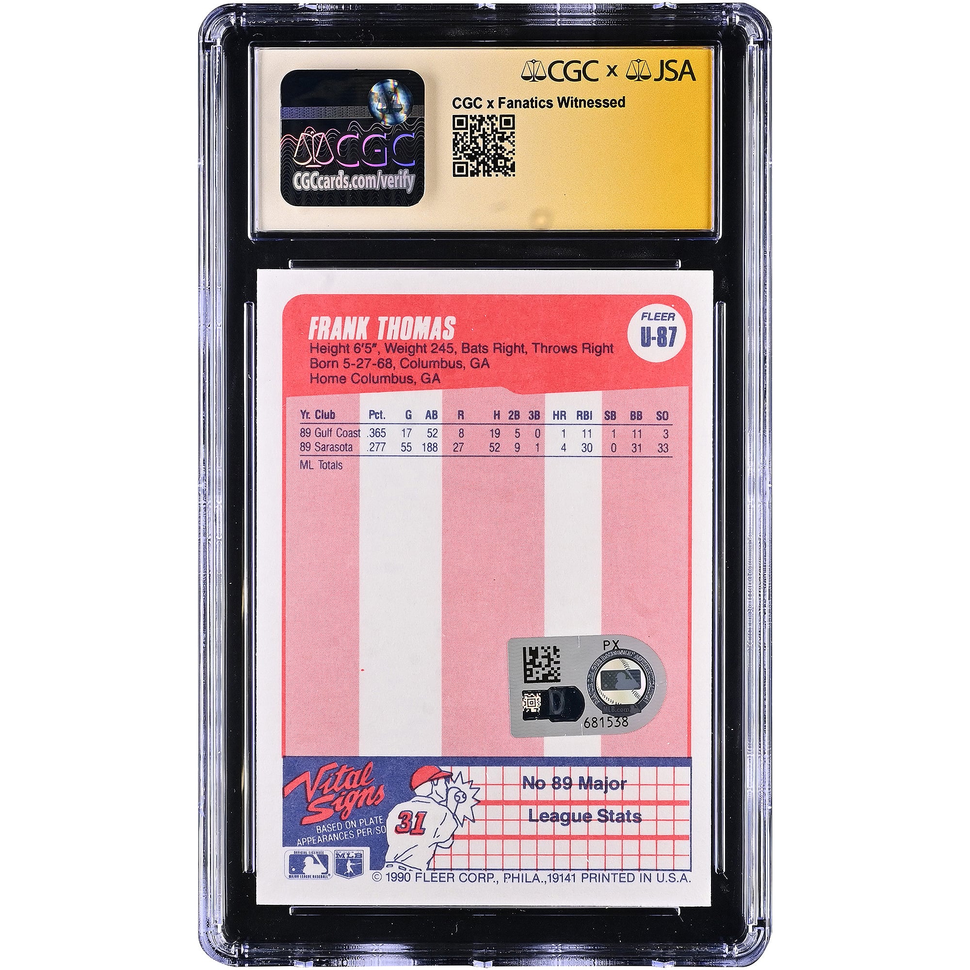 Carte de recrue Frank Thomas des White Sox de Chicago, autographiée, édition Fleer Update 1990, numéro U-87, authentifiée CGC Fanatics Witnessed (9/10).