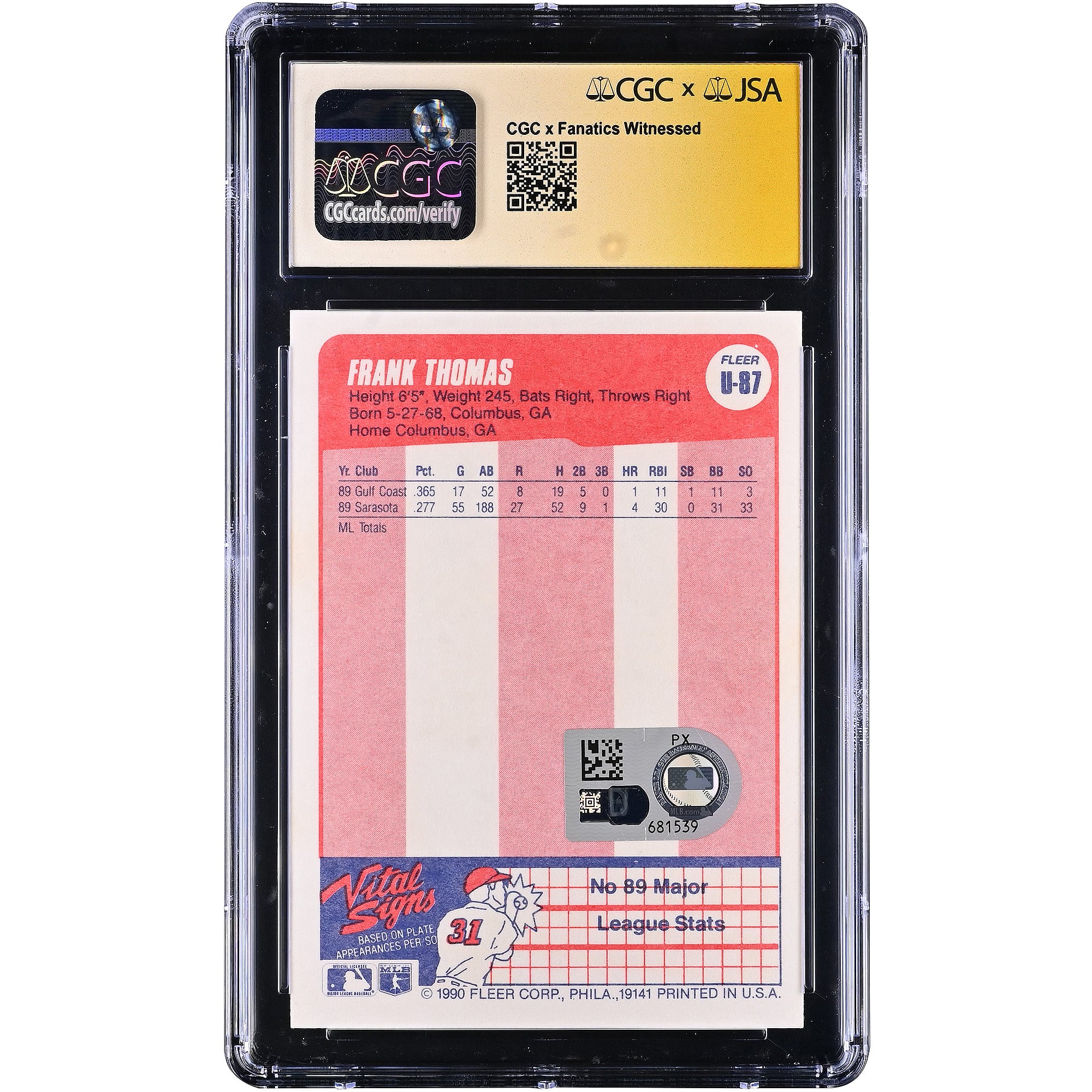Frank Thomas Chicago White Sox Autographed 1990 Fleer Update #U-87 CGC Fanatics Witnessed Authenticated AUTO 10 Rookie Card
