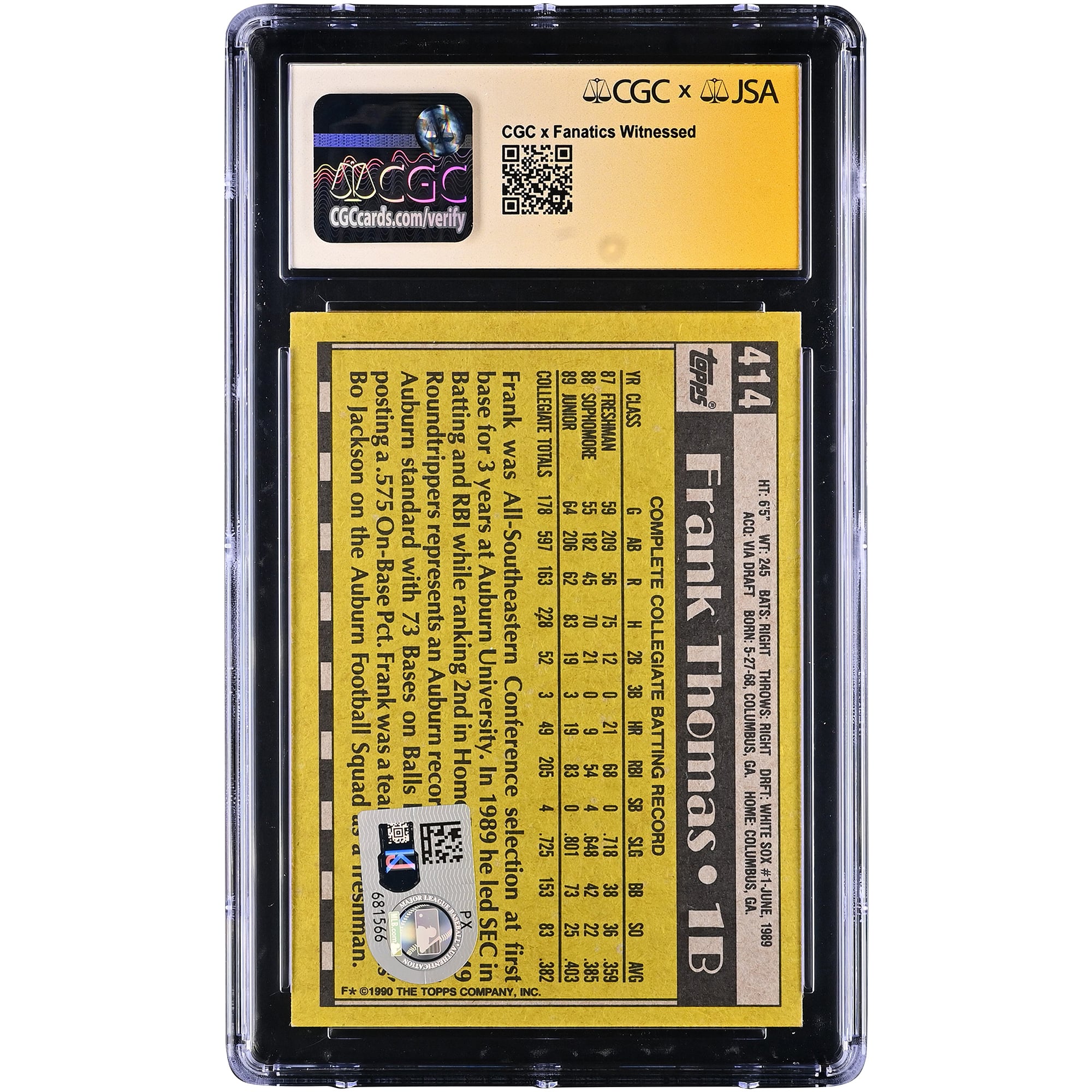 Frank Thomas Chicago White Sox Autographed 1990 Topps #414 CGC Fanatics Witnessed Authenticated AUTO 10 Rookie Card with "HOF 2014" Inscription
