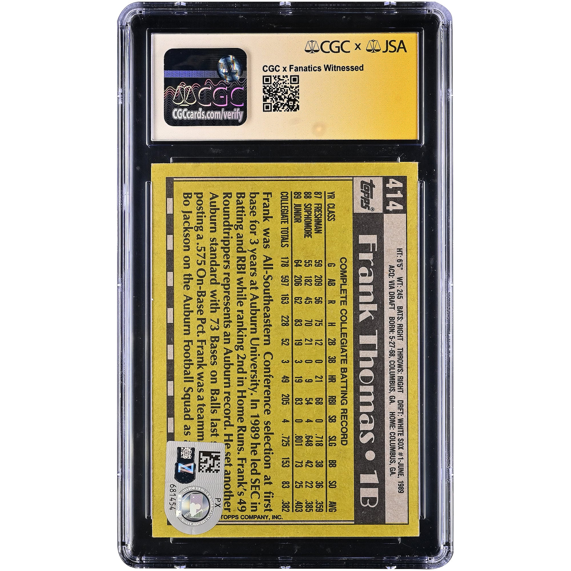 Frank Thomas Chicago White Sox Autographed 1990 Topps #414 CGC Fanatics Witnessed Authenticated AUTO 10 Rookie Card