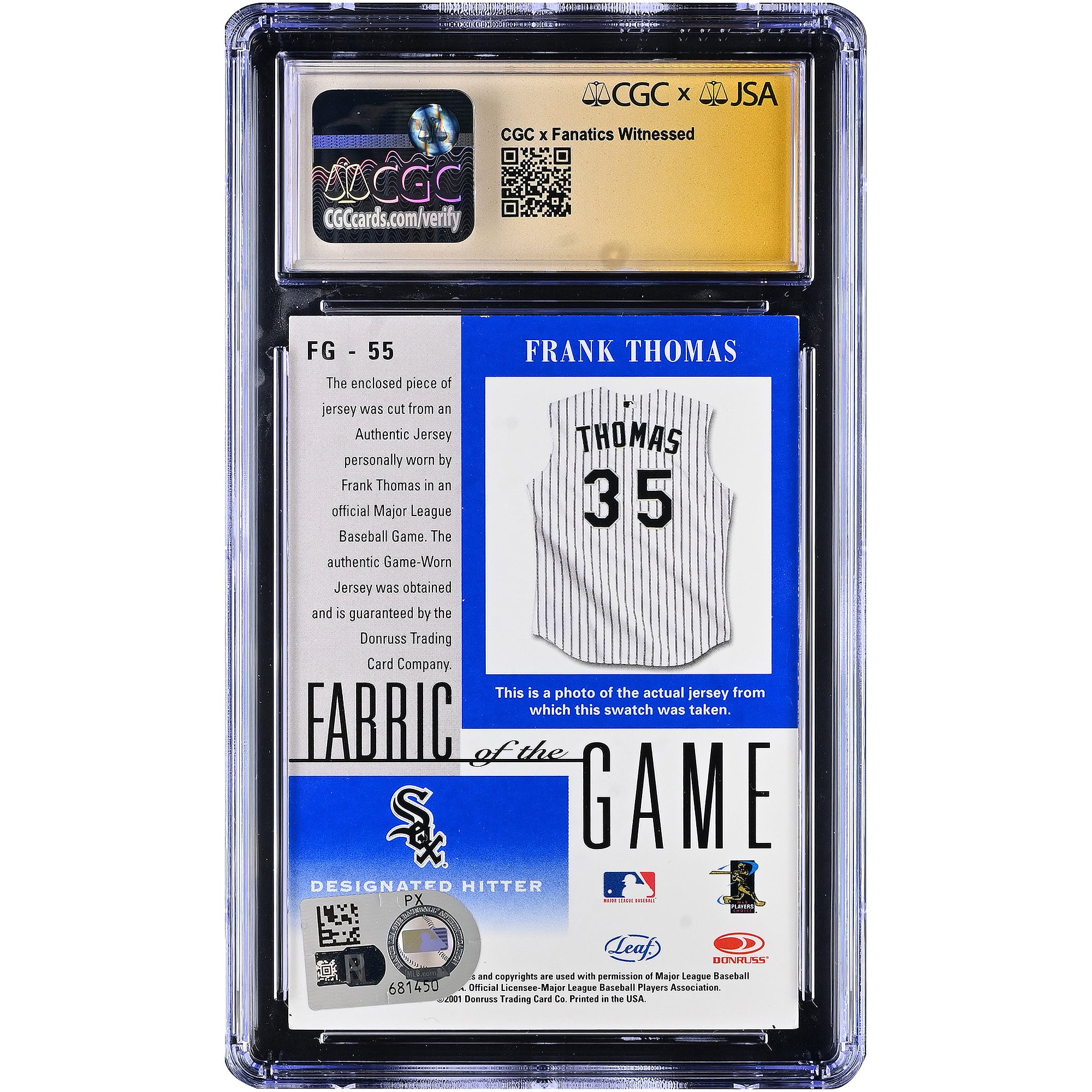 Frank Thomas Chicago White Sox Autographed 2001 Leaf Certified Materials Fabric of the Game Game-Worn Relic #FG-55 CGC Fanatics Witnessed Authenticated AUTO 10 Card