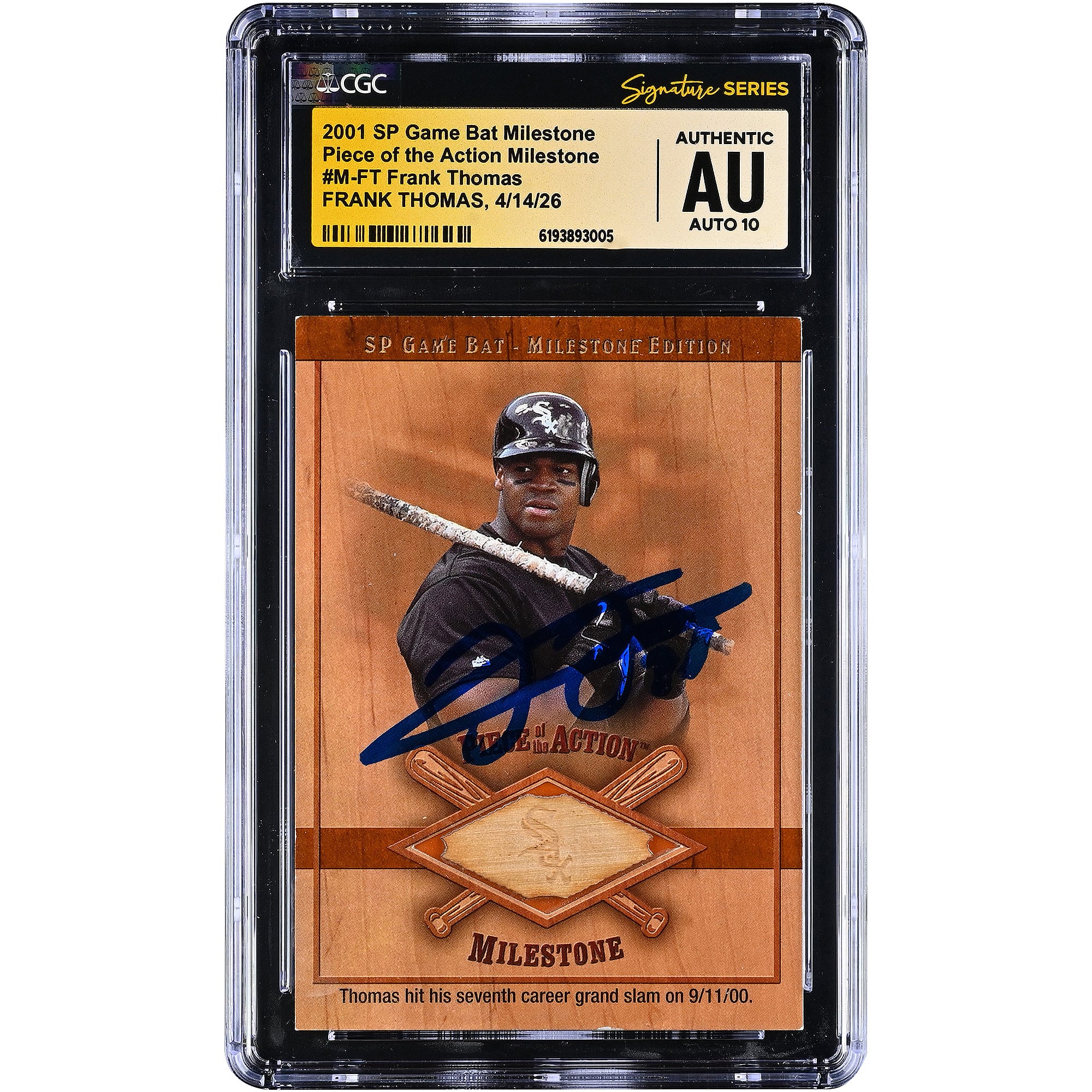 Frank Thomas Chicago White Sox Autographed 2001 SP Game Bat Milestone Piece of the Action Milestone Game-Used Bat Relic #M-FT CGC Fanatics Witnessed Authenticated AUTO 10 Card