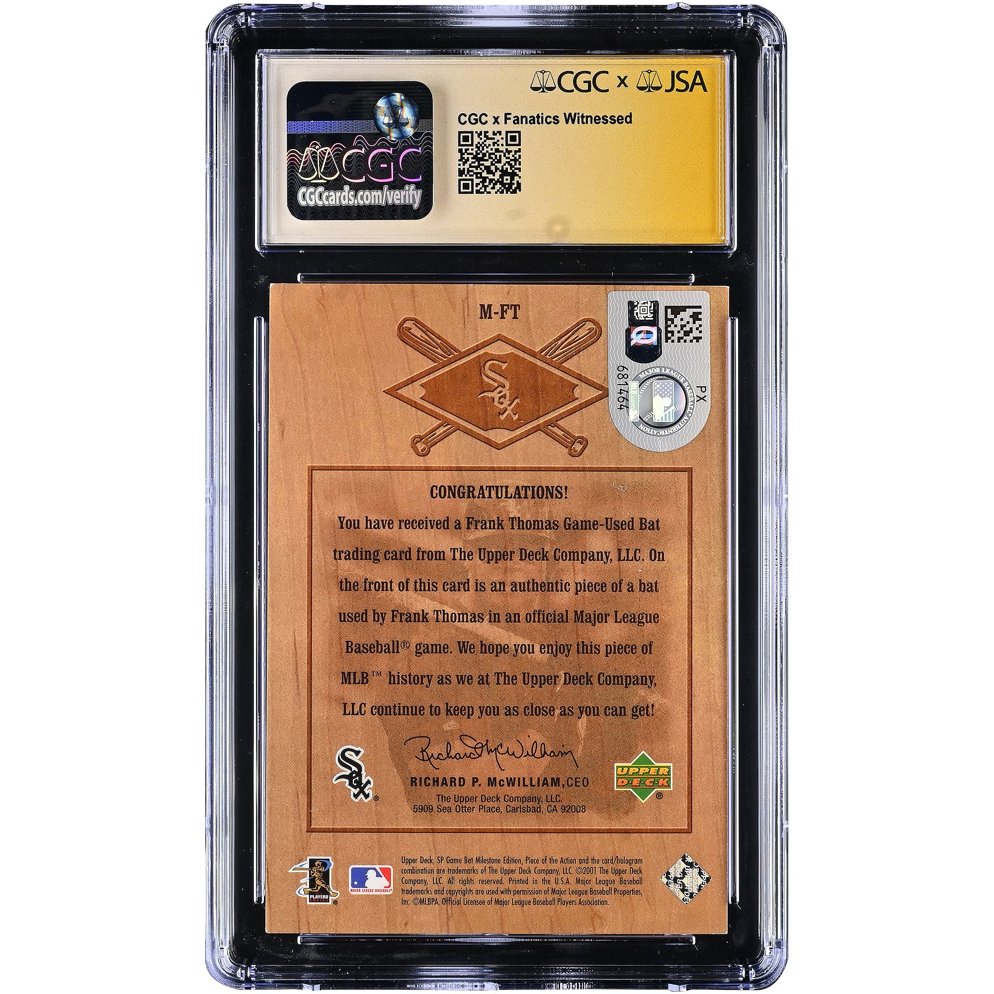 Frank Thomas Chicago White Sox Autographed 2001 SP Game Bat Milestone Piece of the Action Milestone Game-Used Bat Relic #M-FT CGC Fanatics Witnessed Authenticated AUTO 10 Card