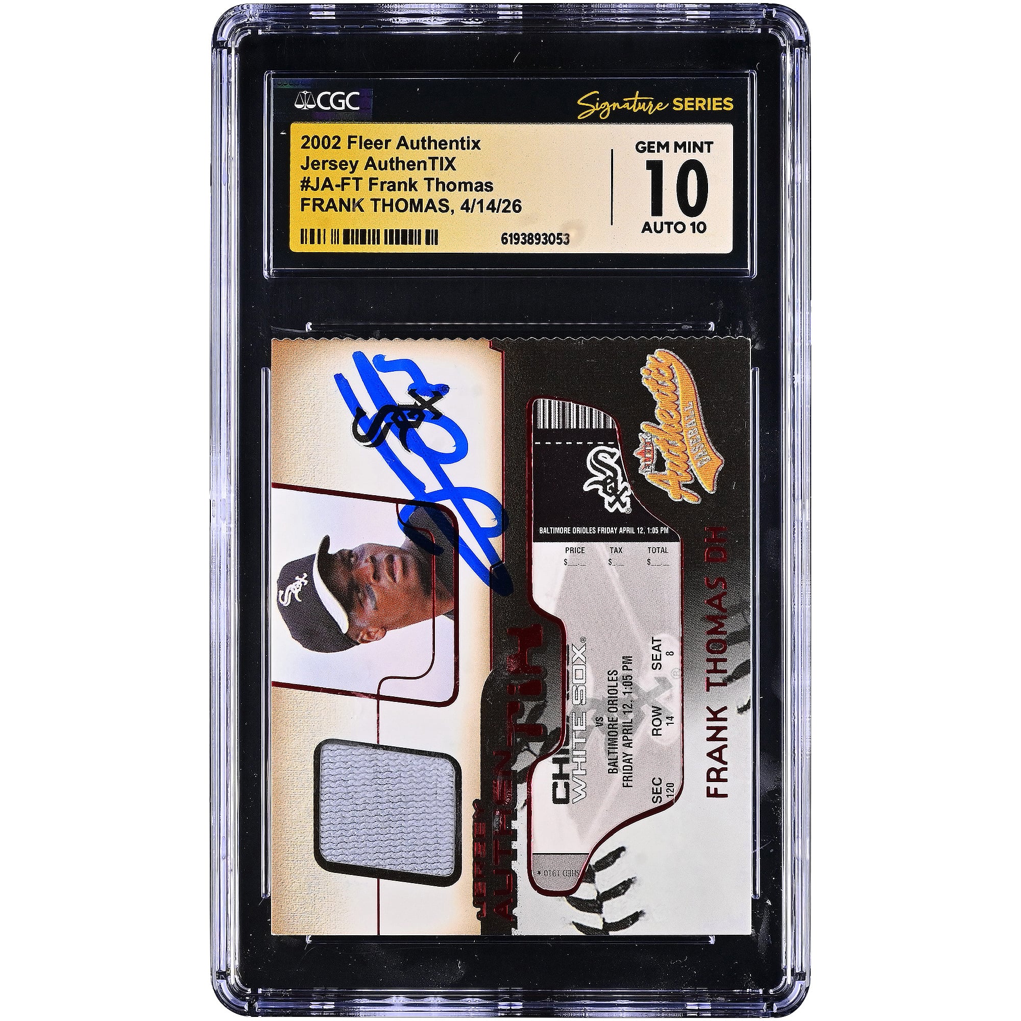 Frank Thomas Chicago White Sox Autographed 2002 Fleer Authentix Jersey AuthenTIX Game-Worn Jersey Relic #JA-FT CGC Fanatics Witnessed Authenticated 10/10 Card